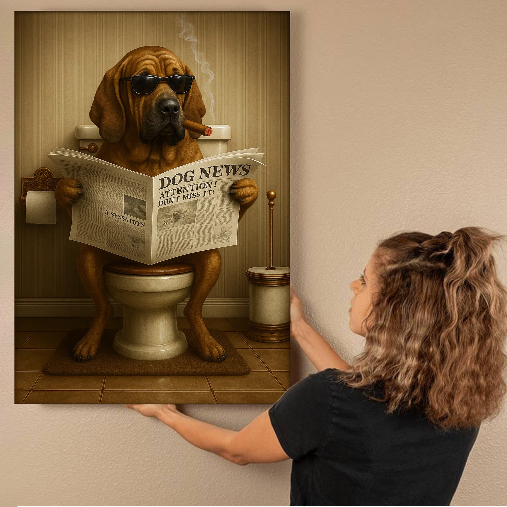 Funny Rustic Dog Bathroom Canvas – Bloodhound Smoking Reading ‘Dog News’ - Hunting Hunters Cabin Decor, Gift for Dad or Husband