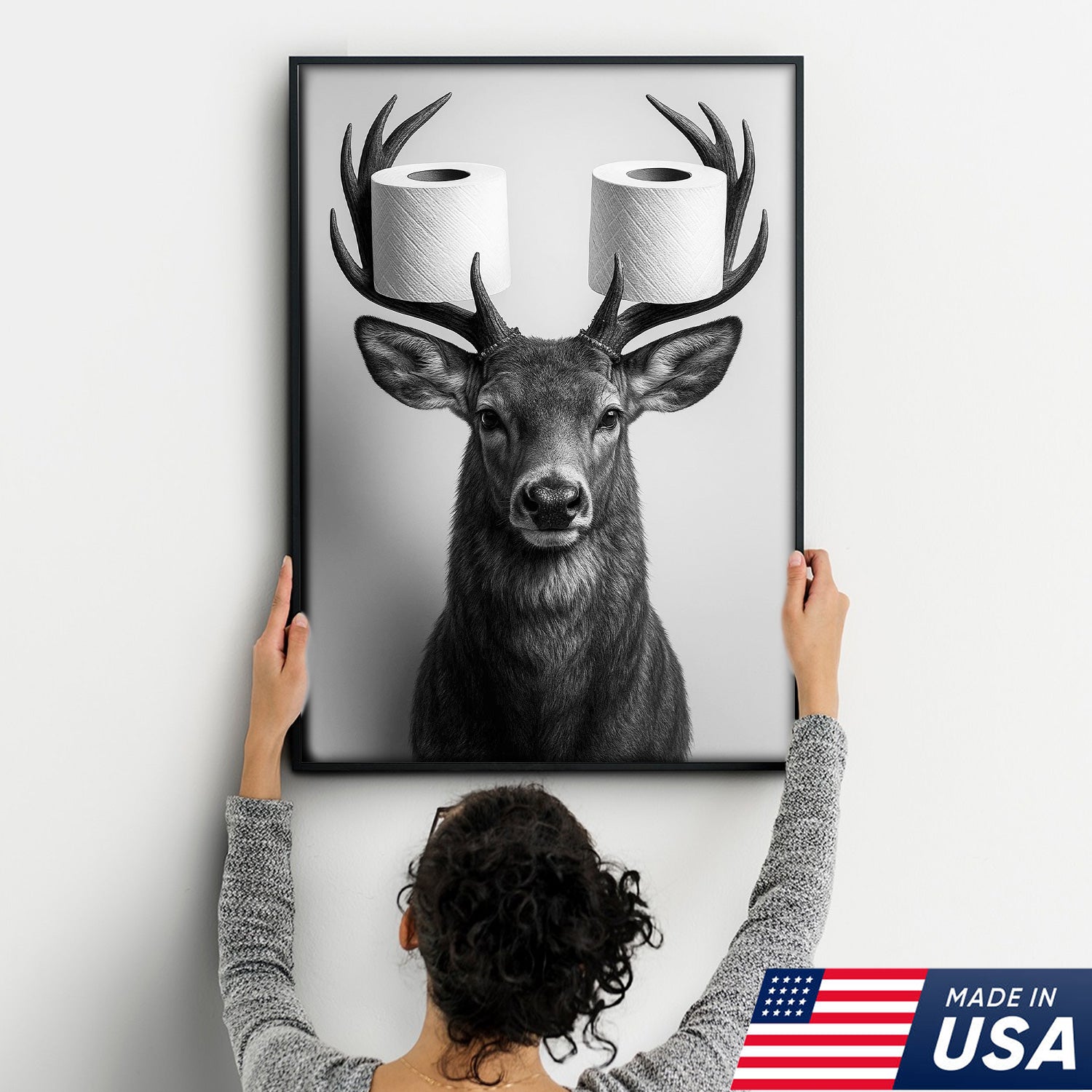 Deer Canvas Wall Art - Funny Animal Portrait with Toilet Paper on Antlers - Black and White Bathroom Decor Print