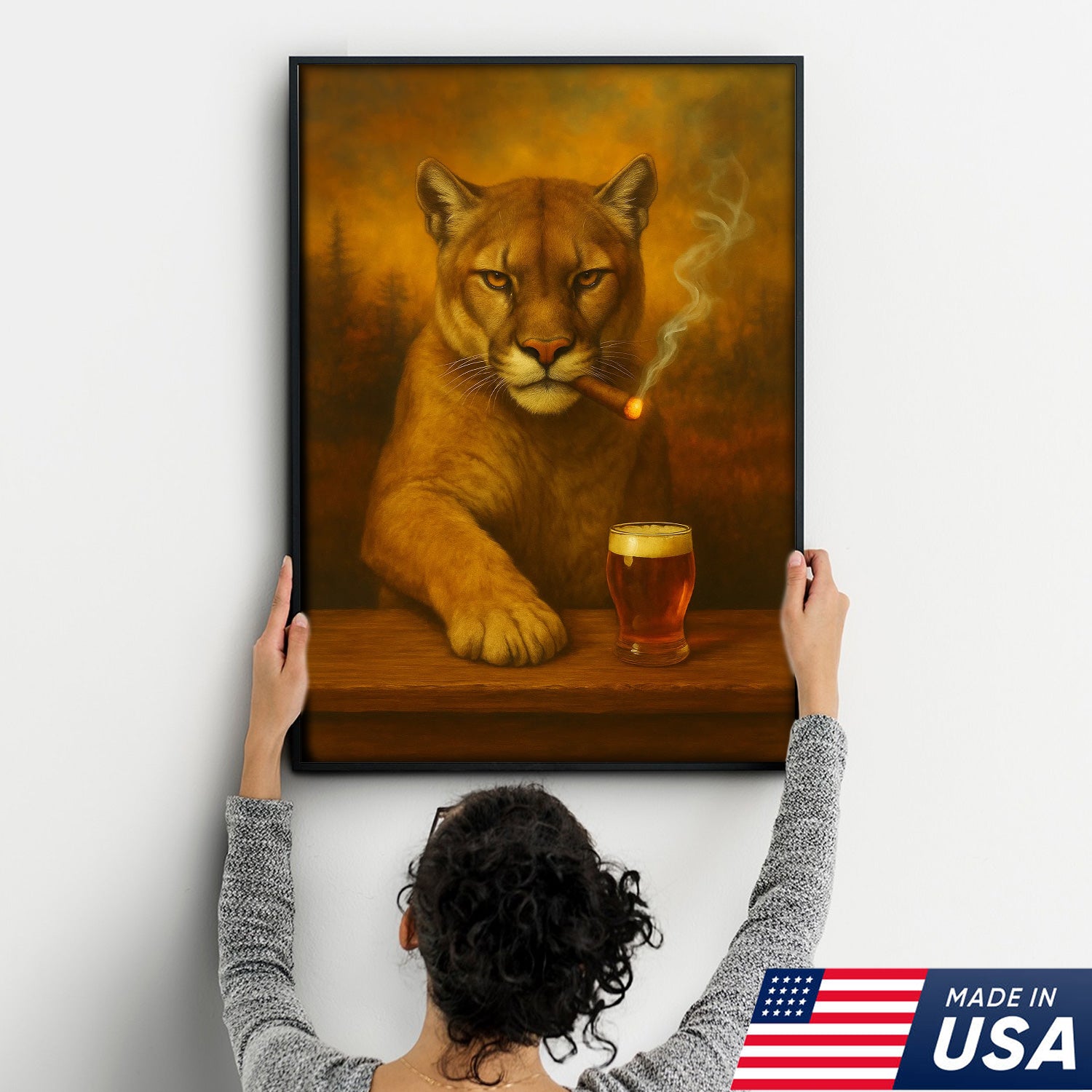 Funny Mountain Lion Smoking With Cocktail Glasses Canvas Wall Art – Rustic Bar Decor Perfect Gift for Hunters & Cocktail Glasses Lovers