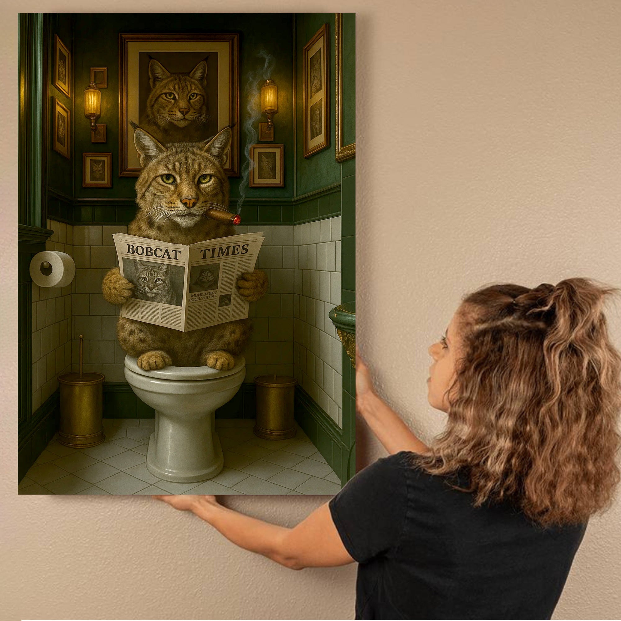 Funny Rustic Bobcat Wall Art Canvas – Smoking-Smoking Wild Cat Reading Newspaper - Rustic Lodge Wall Art, Gift for Hunters