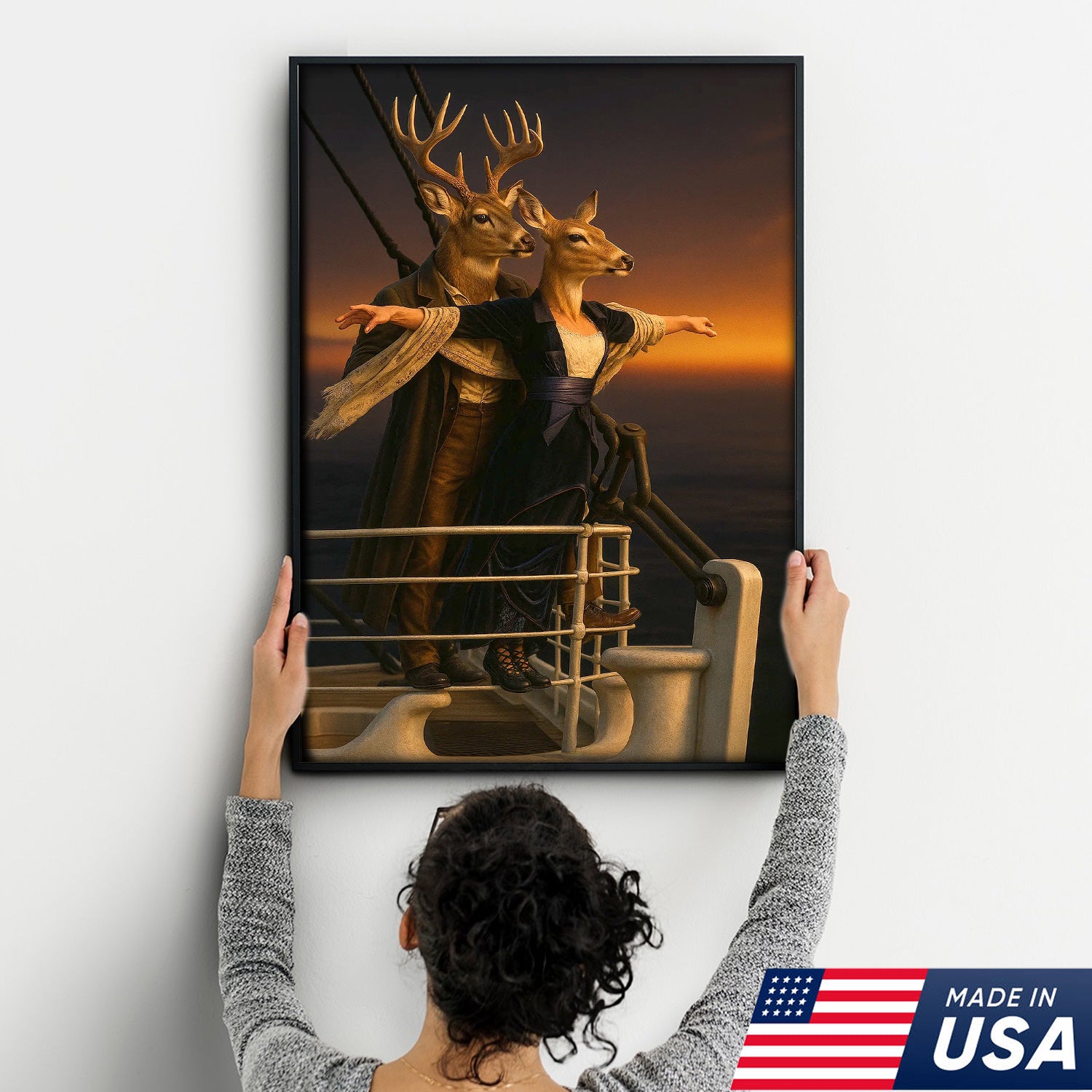 Romantic Deer Canvas Wall Art – Buck and Doe Cinematic Scene Sunset – Funny Whitetail Deer Couple Home Decor
