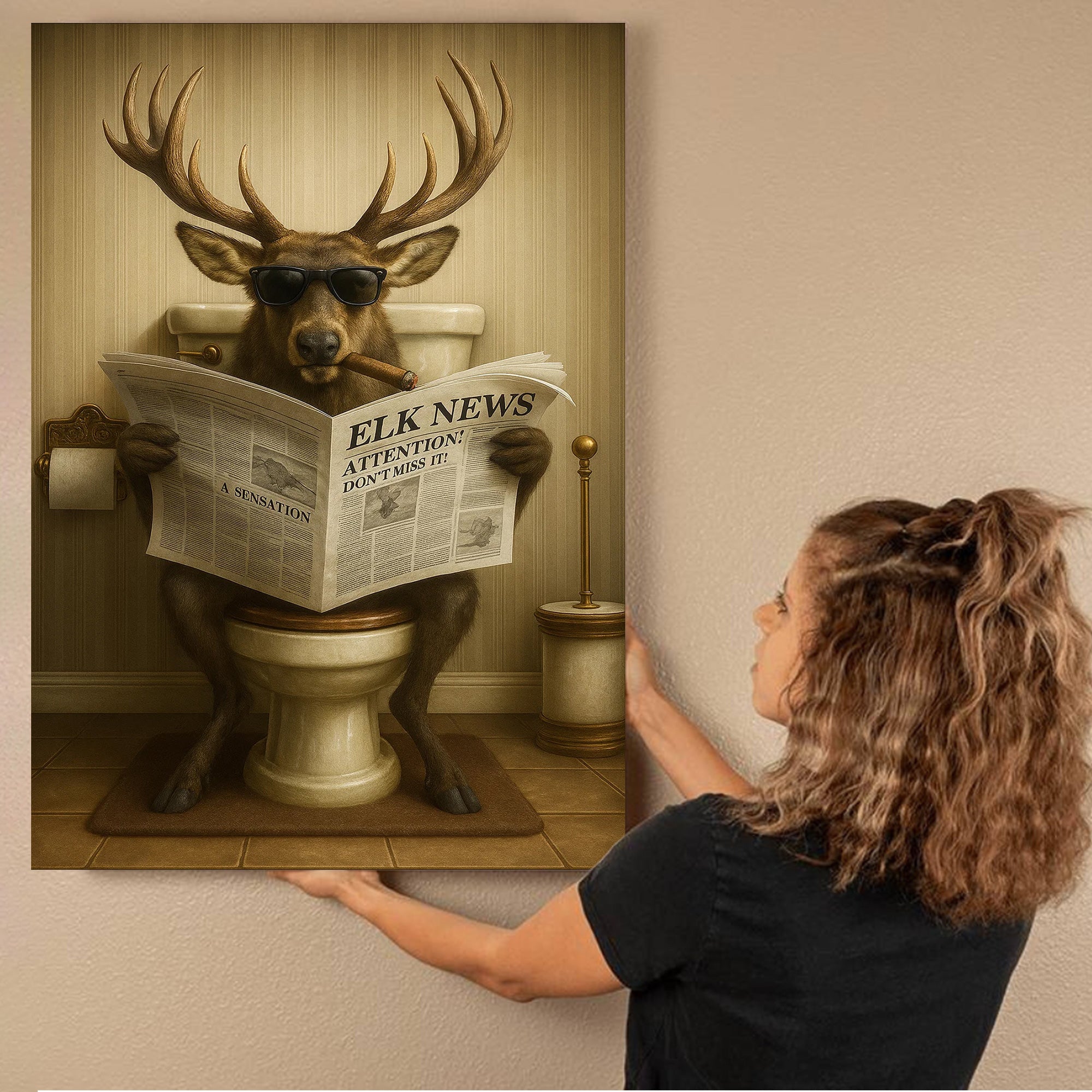 Funny Elk Bathroom Wall Art – Hunting Lodge Decor for Men - Wildlife Animal Poster - Unique Dad Gift for Hunters & Outdoorsmen