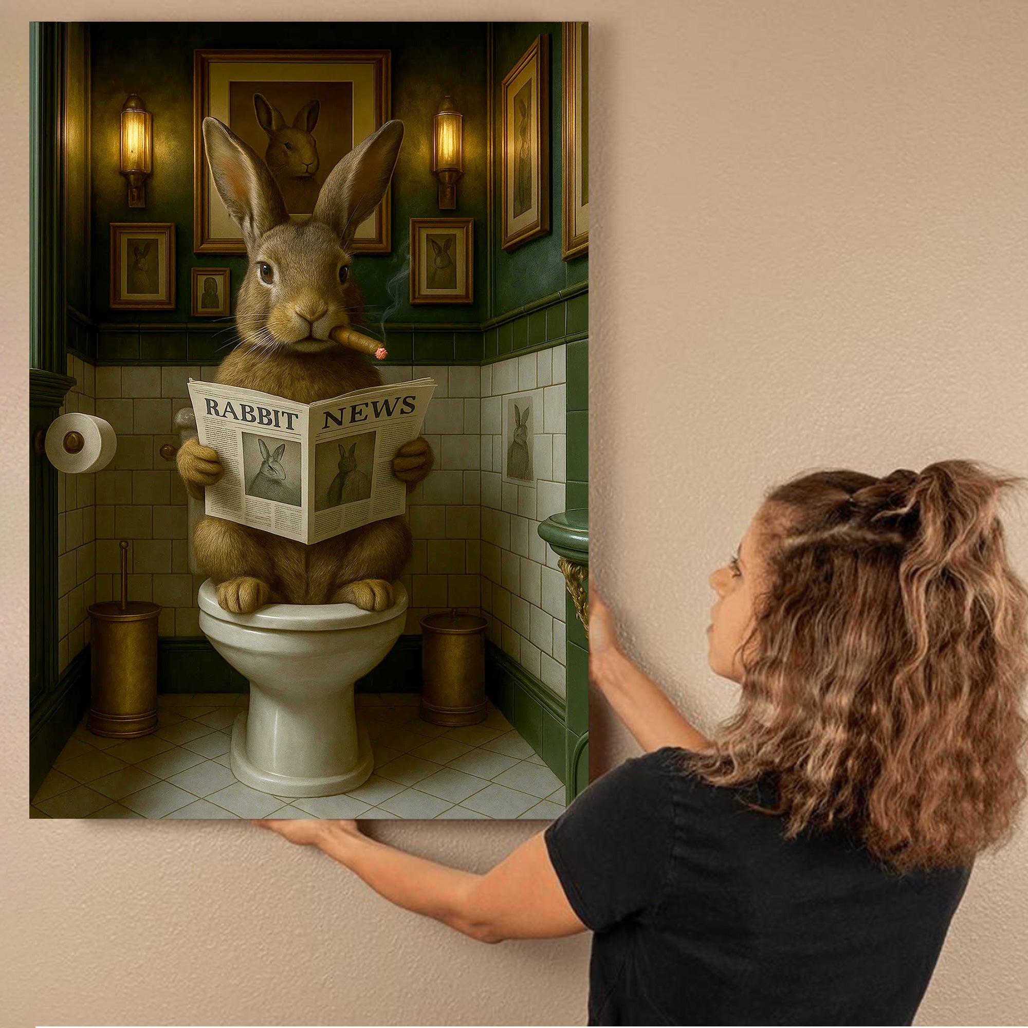 Funny Rabbit Bathroom Poster Canvas– Smoking-Smoking Bunny Reading Newspaper - Rustic Toilet Wall Art, Gift for Animal Lovers