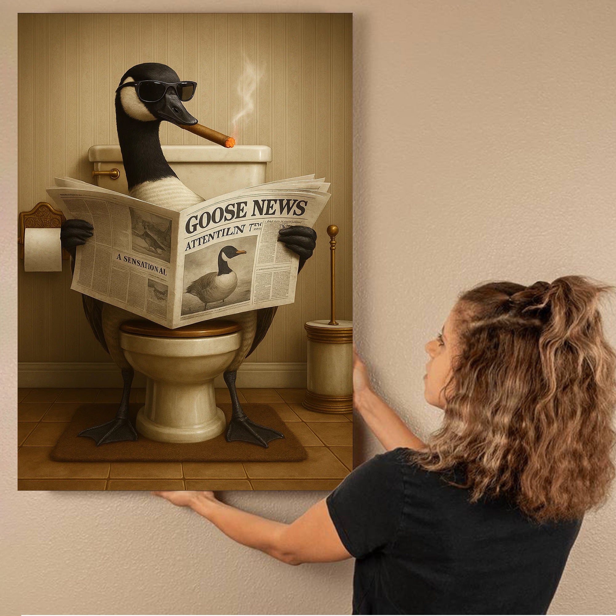 Funny Goose Read Newspaper Bathroom Canvas Wall Art – Hunting Wildlife Animal Poster - Unique Gift for Dad, Hunters