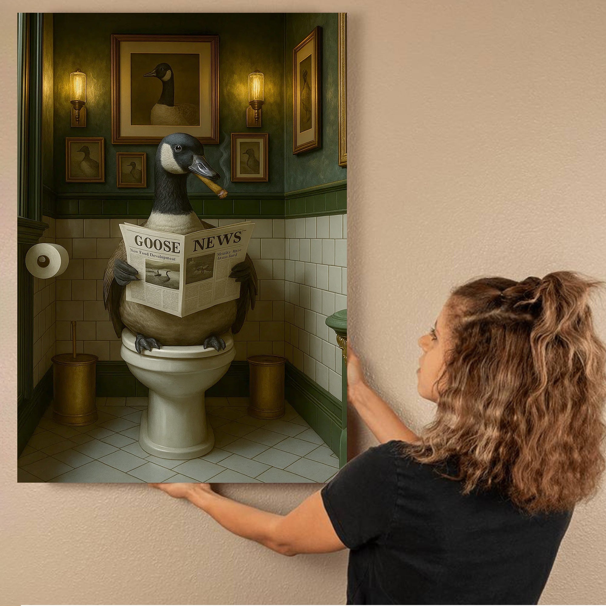 Funny Canada Goose Bathroom Poster – Rustic Cabin Wall Art, Goose Reading Newspaper on Toilet - Canvas Gift for Hunters