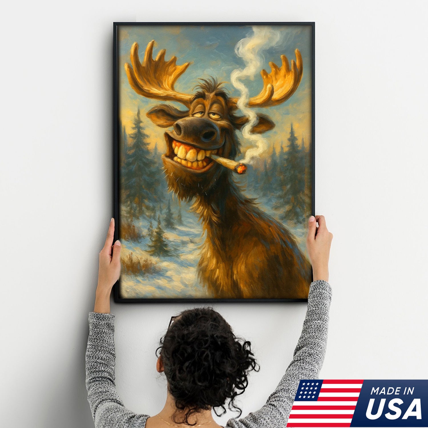 Funny Moose Smoking Canvas Wall Art – Rustic Cabin Lodge Decor