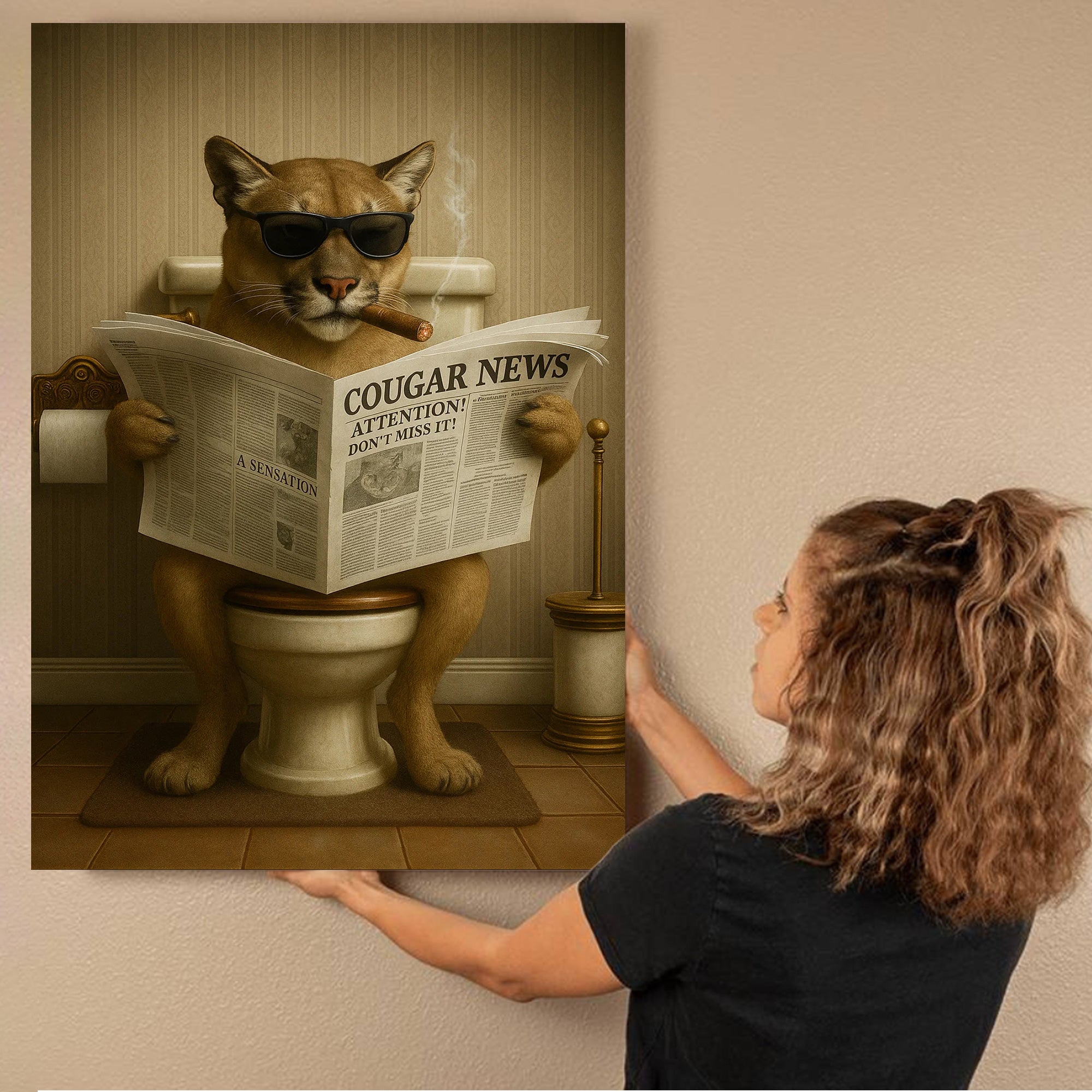 Funny Cougar Bathroom Canvas – Mountain Lion on Toilet Reading Newspaper - Rustic Cabin Decor, Gift for Outdoorsmen