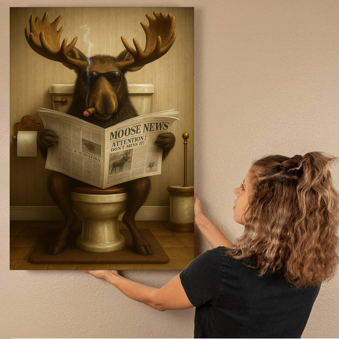 Funny Elk Hunting Lodge Moose Bathroom Canvas Wall Art β Wildlife Animal Poster - Unique Gift for Dad, Hunters & Outdoorsmen