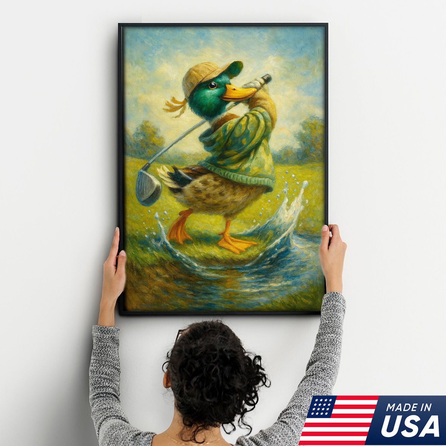 Funny Duck Playing Golf Canvas Wall Art – Rustic Sports Lodge Decor, Man Cave & Golfer Gift