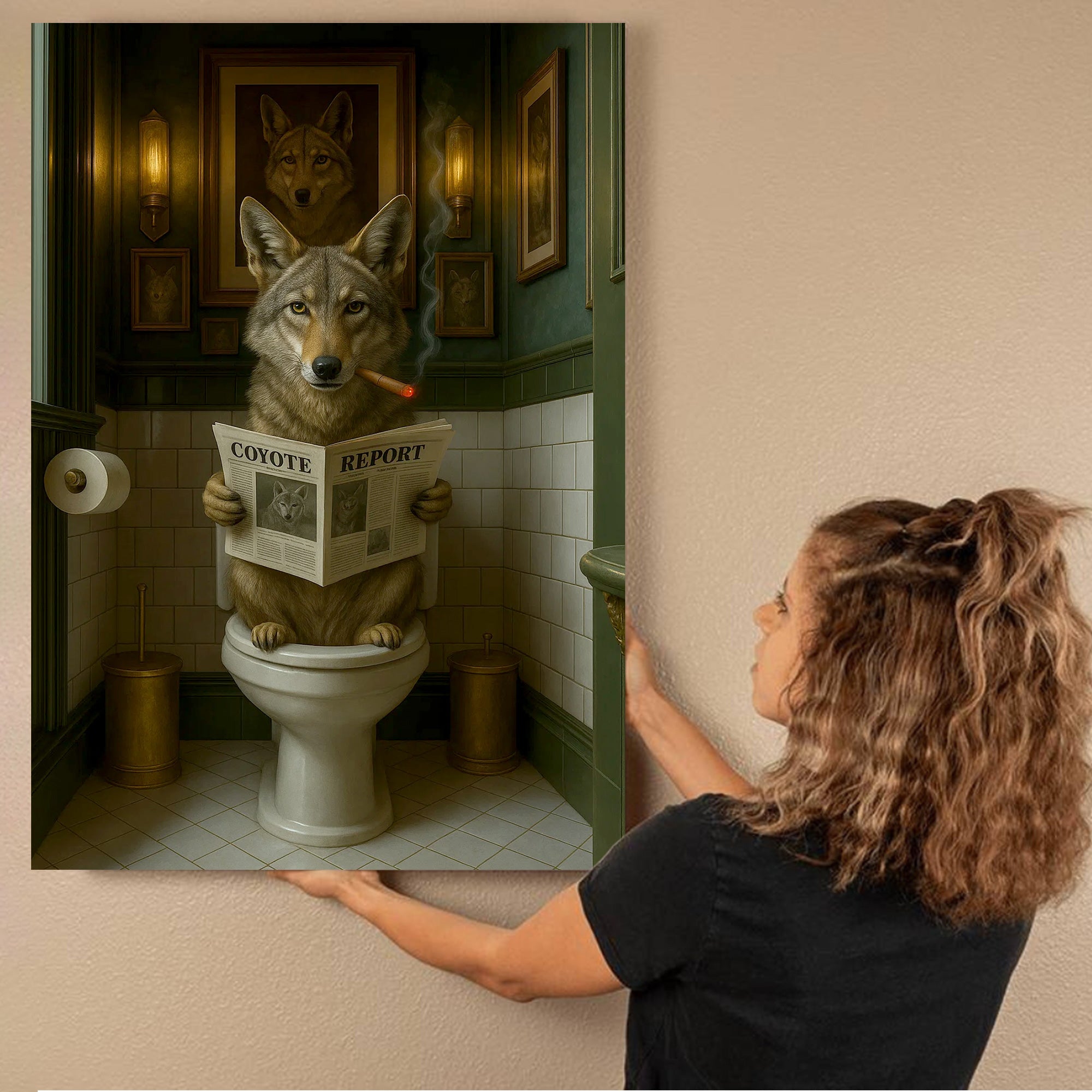 Funny Coyote Bathroom Canvas – Wild Dog on Toilet Reading Newspaper - Wolf Coyote - Rustic Lodge Decor, Gift for Outdoorsmen