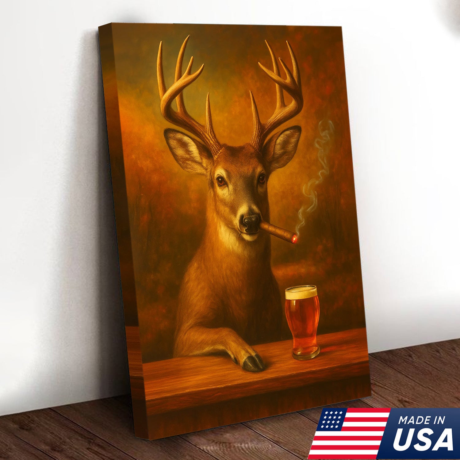 Funny White-Tailed Deer Smoking and Drinking Cocktail Glasses Canvas - Humorous Man Cave Wall Art For Hunters & Cocktail Glasses Lovers