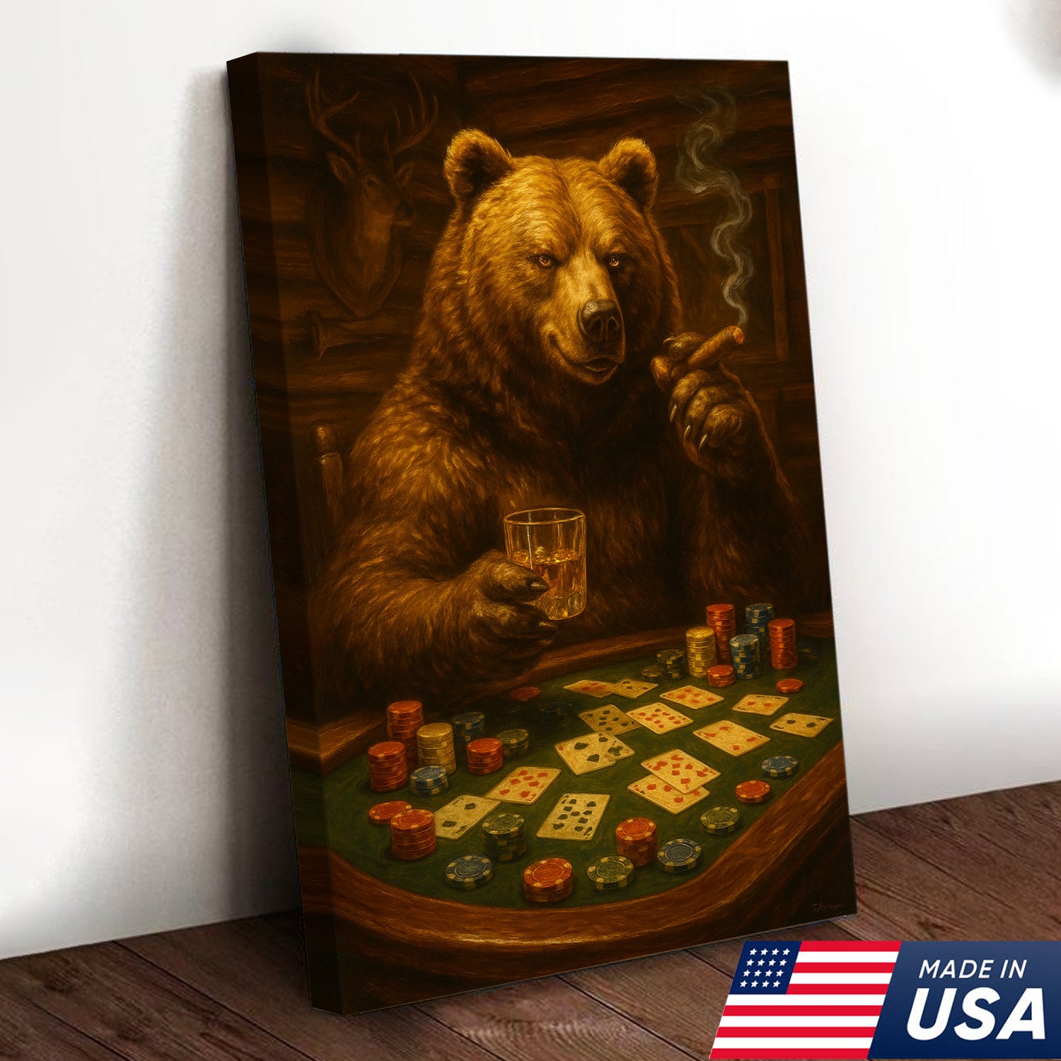 Rustic Bear Poker Canvas Wall Art – Funny Animal Playing Cards Decor for Cabin, Lodge & Game Room