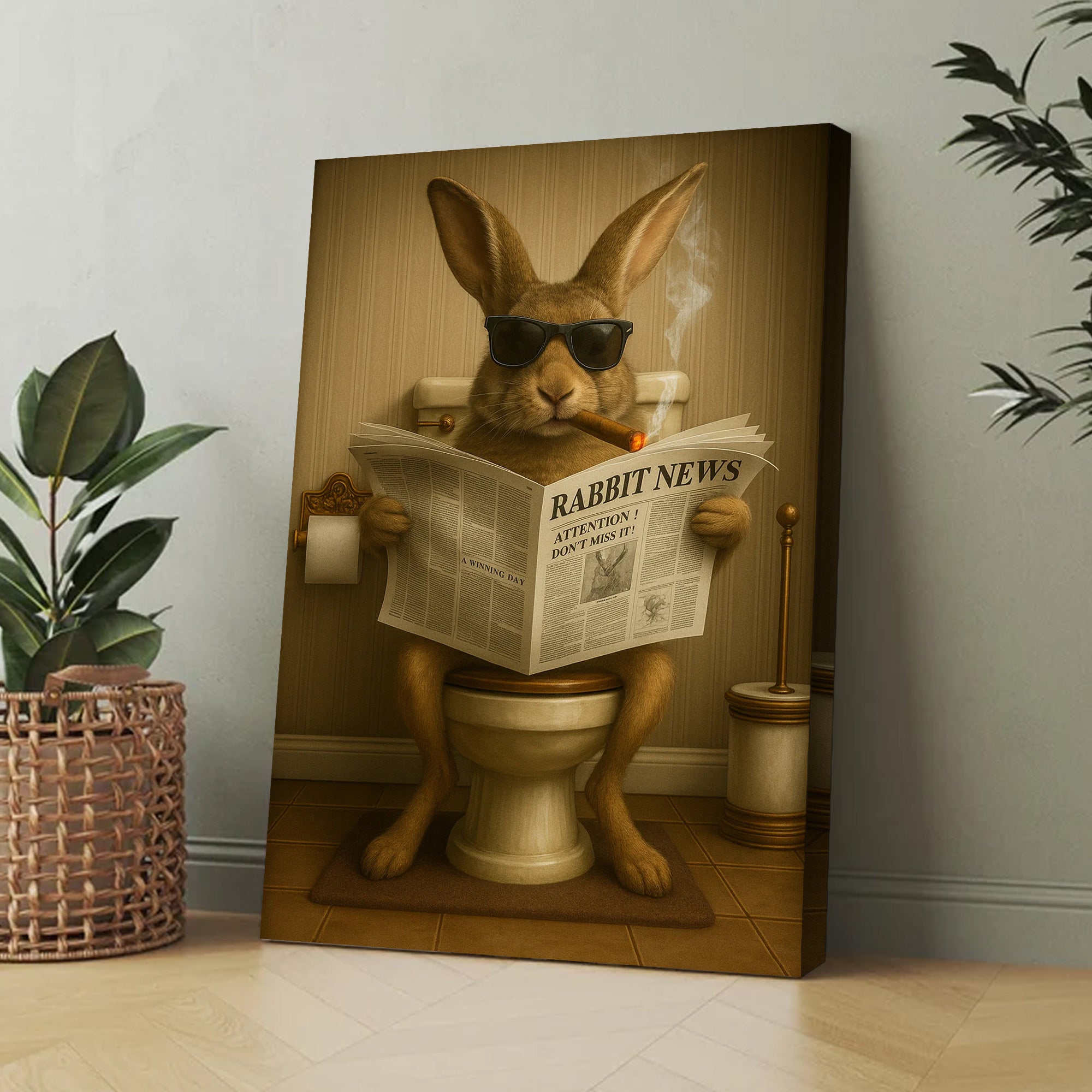 Funny Rabbit Reading News Bathroom Wall Art – Rustic Decor for Men, Hunting Cabin Poster, Hilarious Gift for Dad