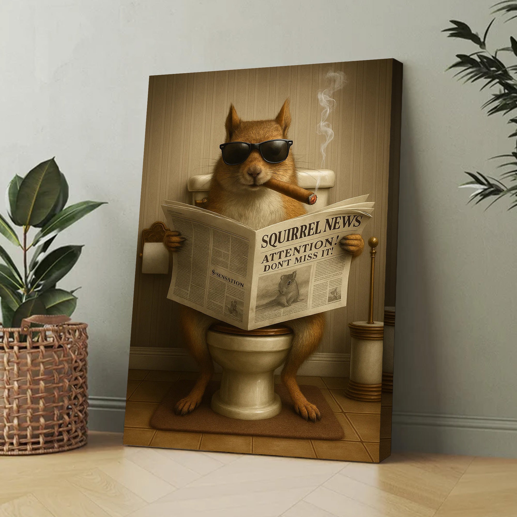 Squirrel Reading News Smoking Bathroom Wall Art – Rustic Decor for Men, Hunting Cabin Poster, Hilarious Gift for Dad