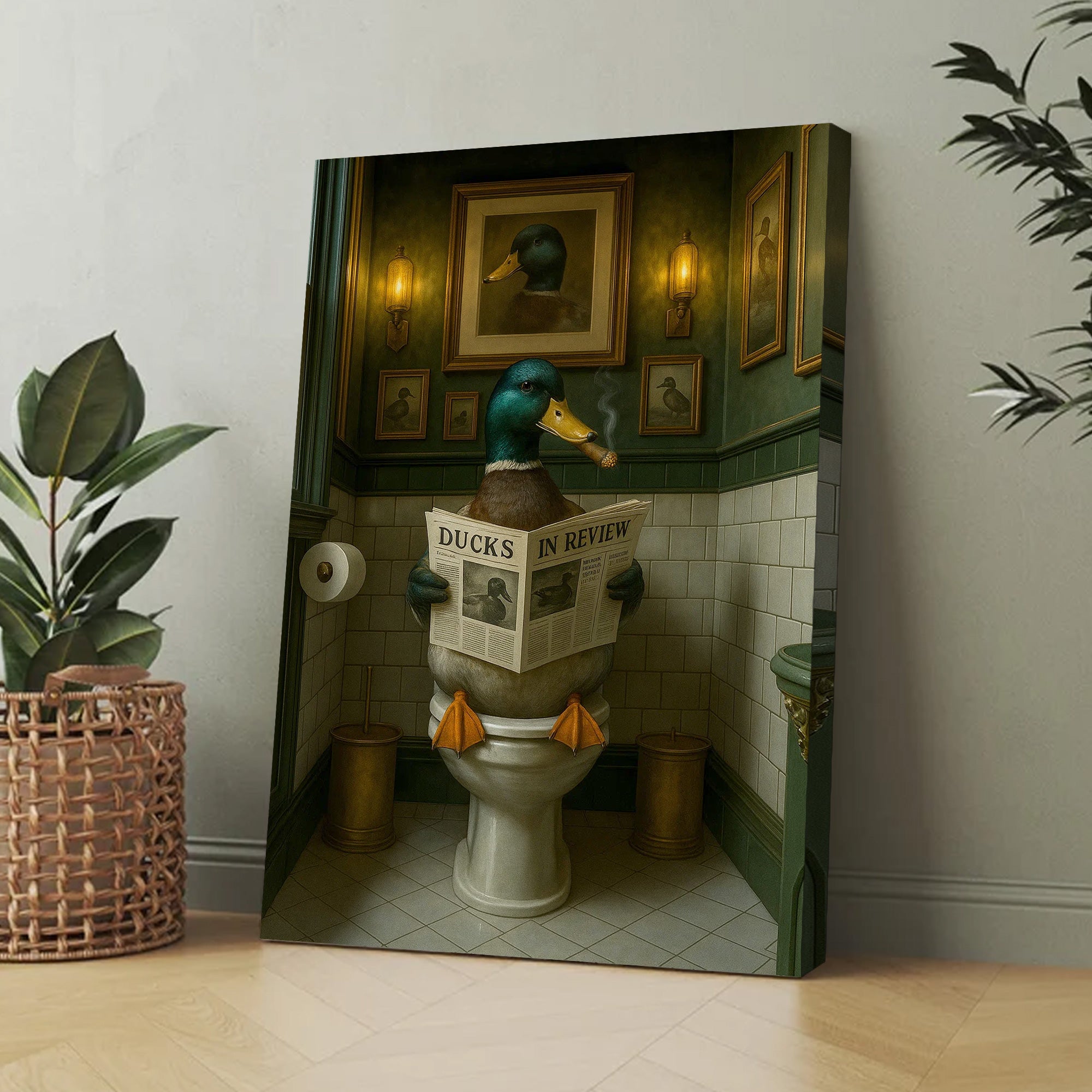 Mallard Duck Toilet Scene Poster Canvas – Smoking-Smoking Duck Reading ‘Ducks in Review’ - Gift for Outdoorsmen