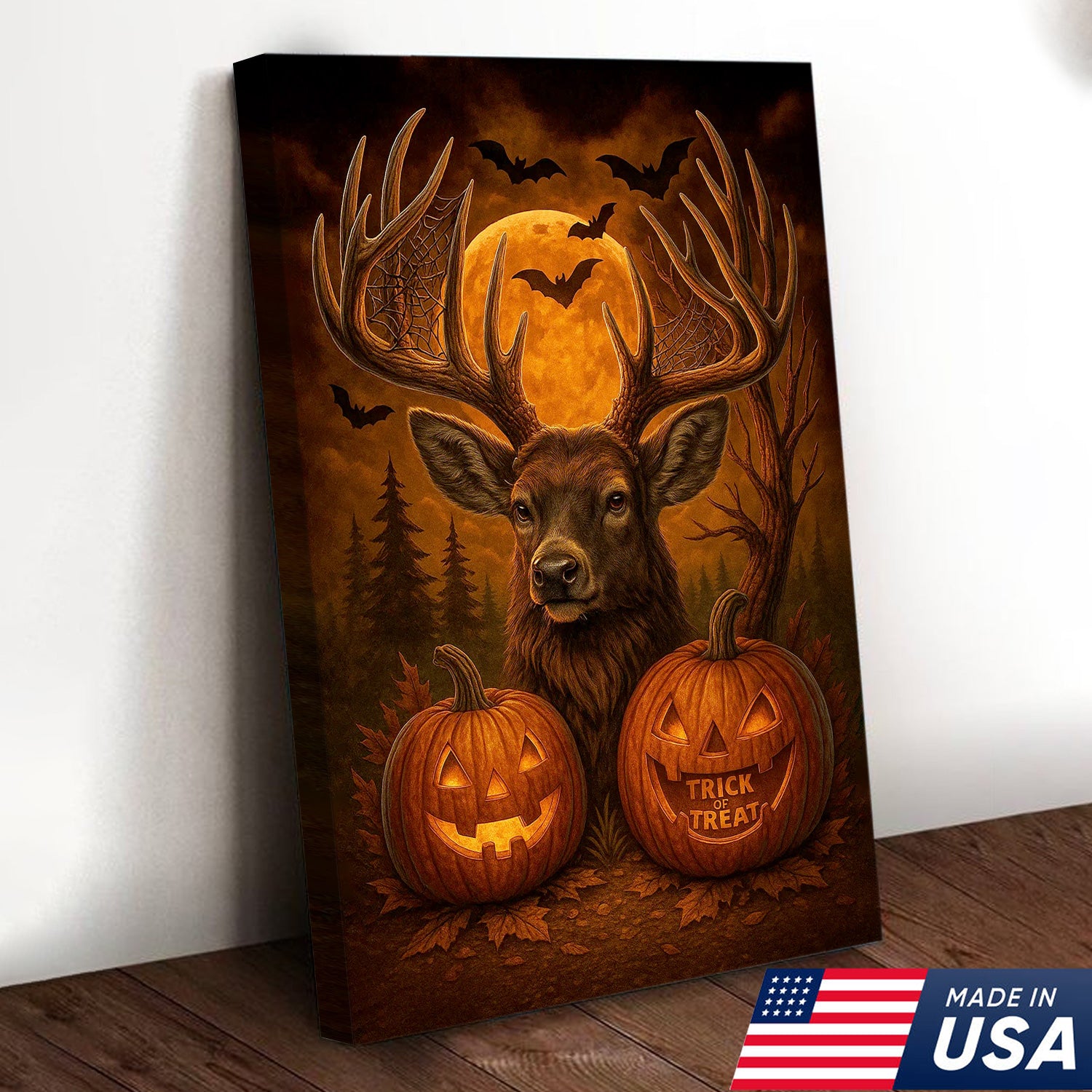 Trophy Buck Halloween Canvas Wall Art – Spooky Deer with Pumpkins and Full Moon Decor