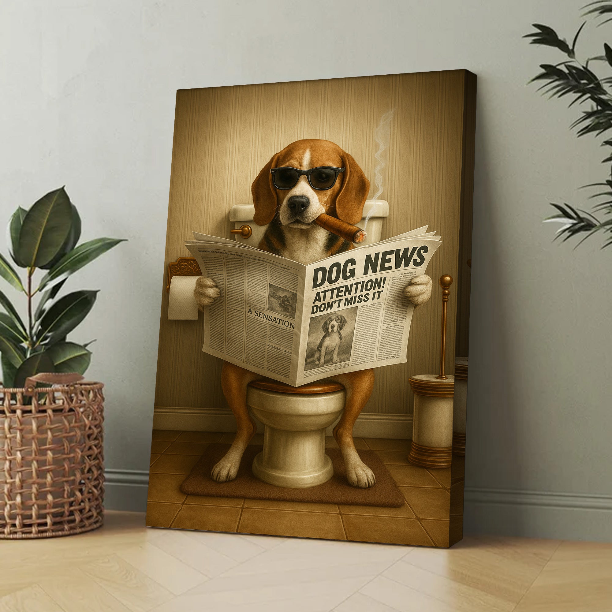 Funny Beagle Reading Newspaper Canvas – Funny Dog Hunting Bathroom Wall Art, Rustic Cabin Decor, Gift for Men