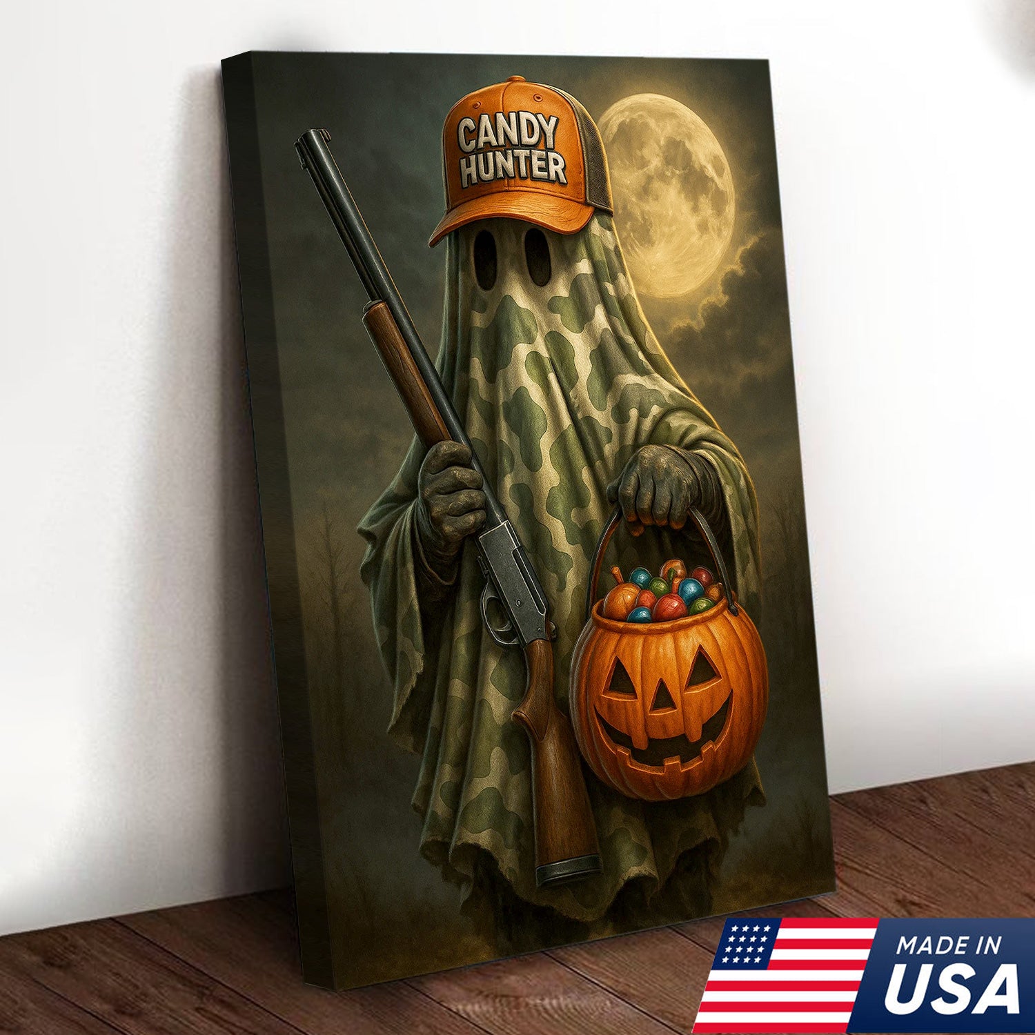 Candy Hunter Halloween Canvas Wall Art – Camouflage Ghost with Shotgun and Pumpkin Trick or Treat Decor