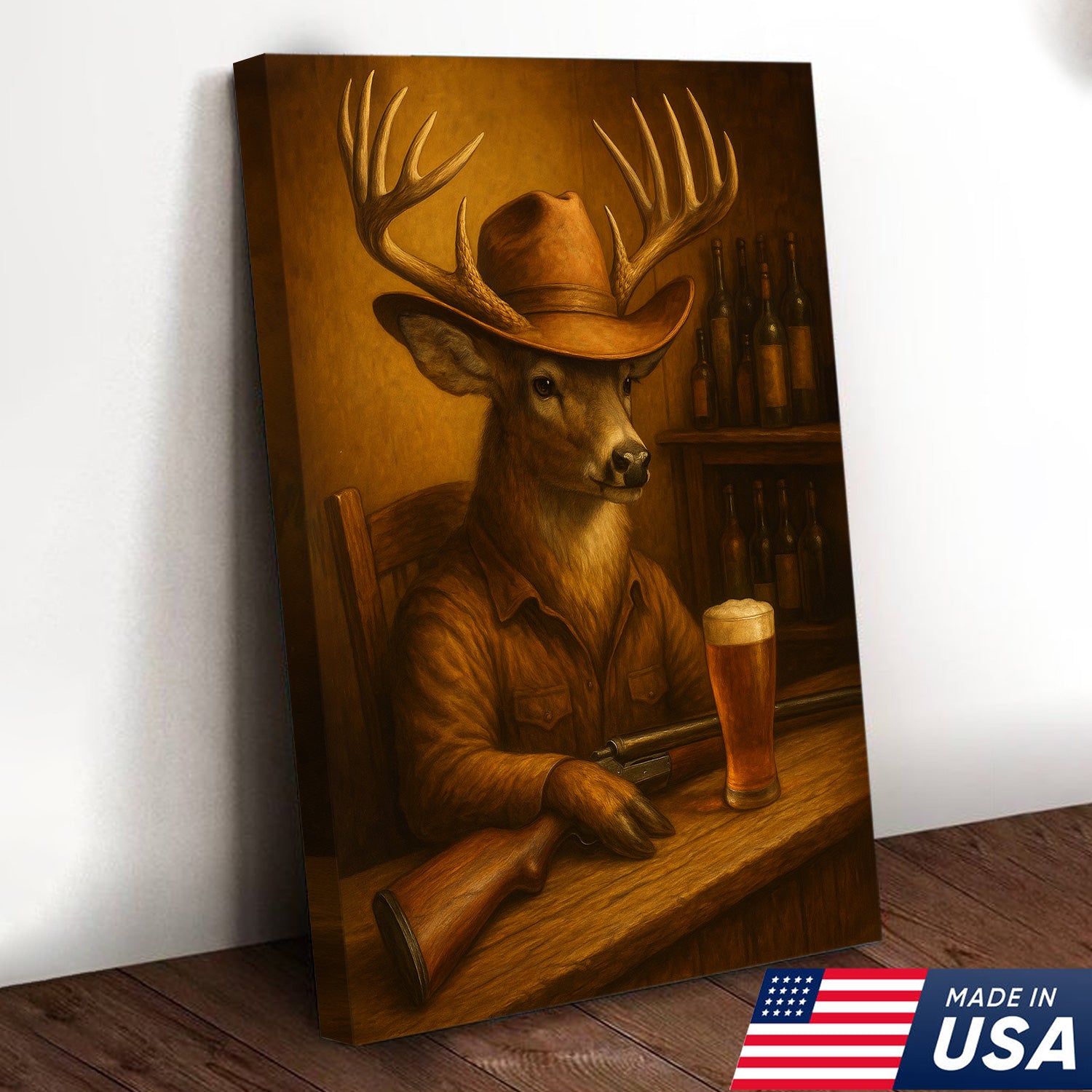 Funny Cowboy Deer Cocktail Glasses Bar Canvas Wall Art – Rustic Hunting Lodge Decor
