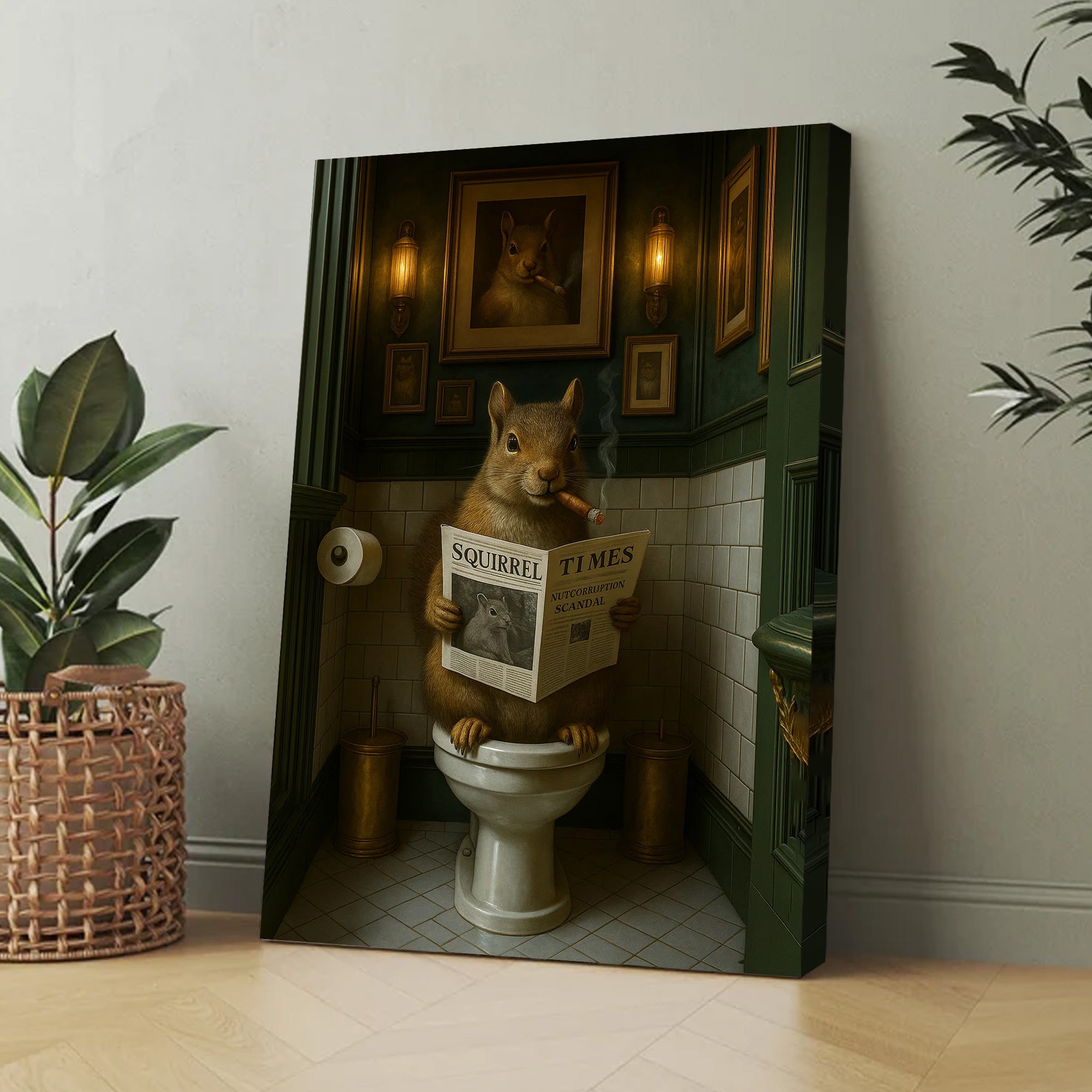Funny Squirrel on Toilet Poster Canvas – Hilarious Wildlife Bathroom Scene - Lodge Humor Canvas, Gift for Men or Nature Lovers