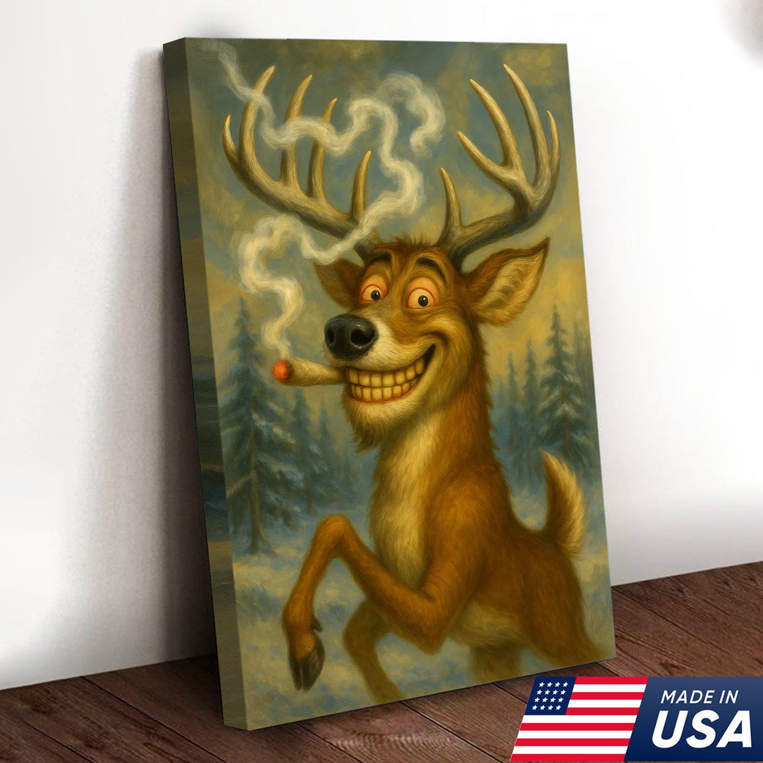 Funny Deer Smoking Canvas Wall Art – Rustic Cabin Lodge Decor, Hunting Gift for Men