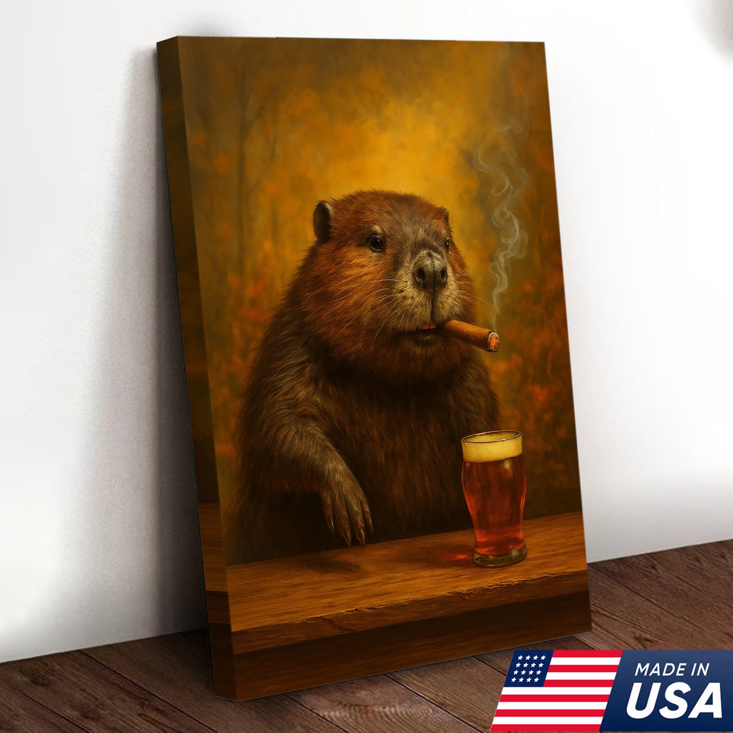 Funny Beaver Smoking with Cocktail Glasses Canvas – Rustic Cabin & Hunting Lodge Wall Art