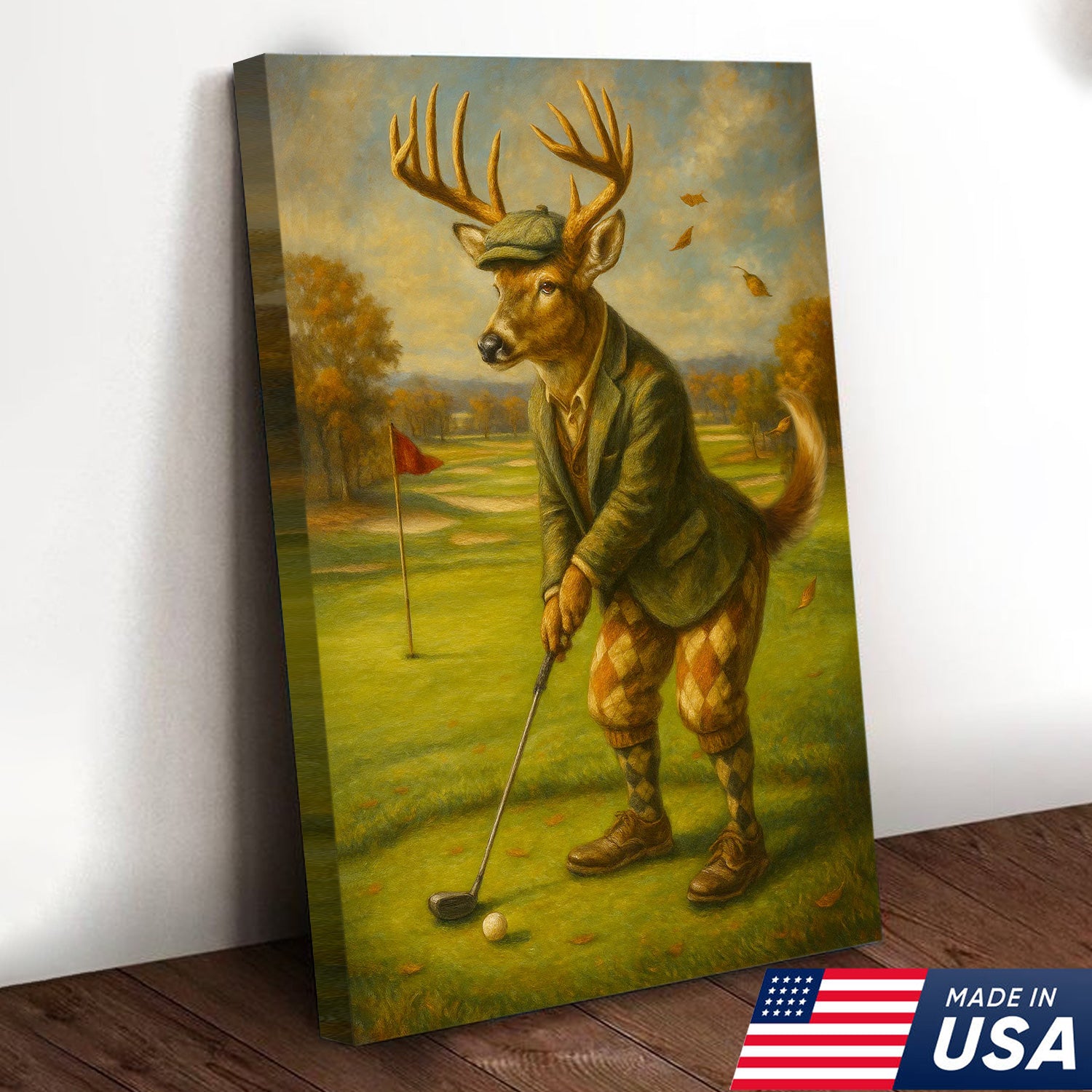 Vintage Deer Golfer Canvas Print – Rustic Funny Lodge Wall Art, Man Cave & Cabin Gift USA