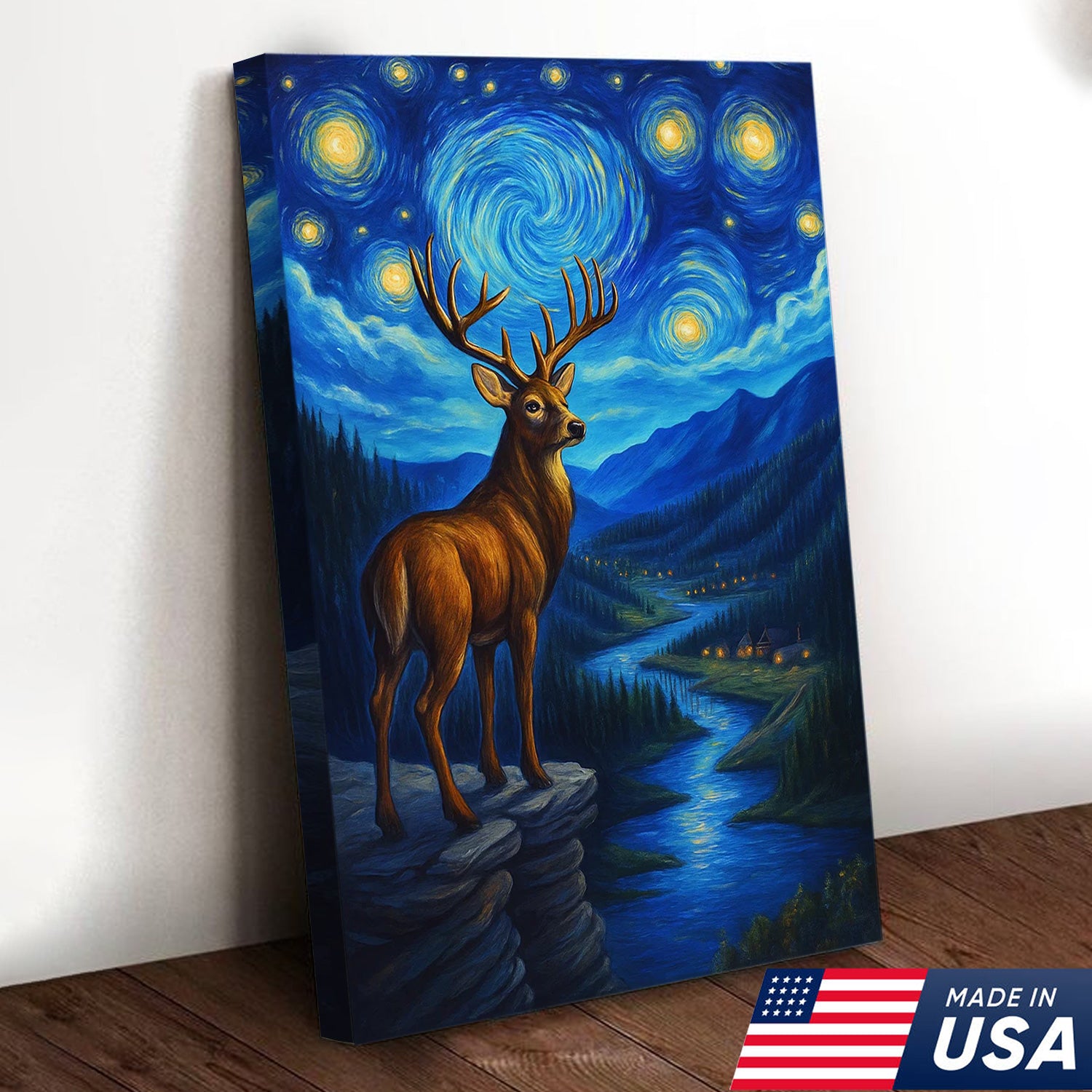 Starry Night Deer Wall Art – Mountain River Landscape Canvas - Hunter Gift for Men Women