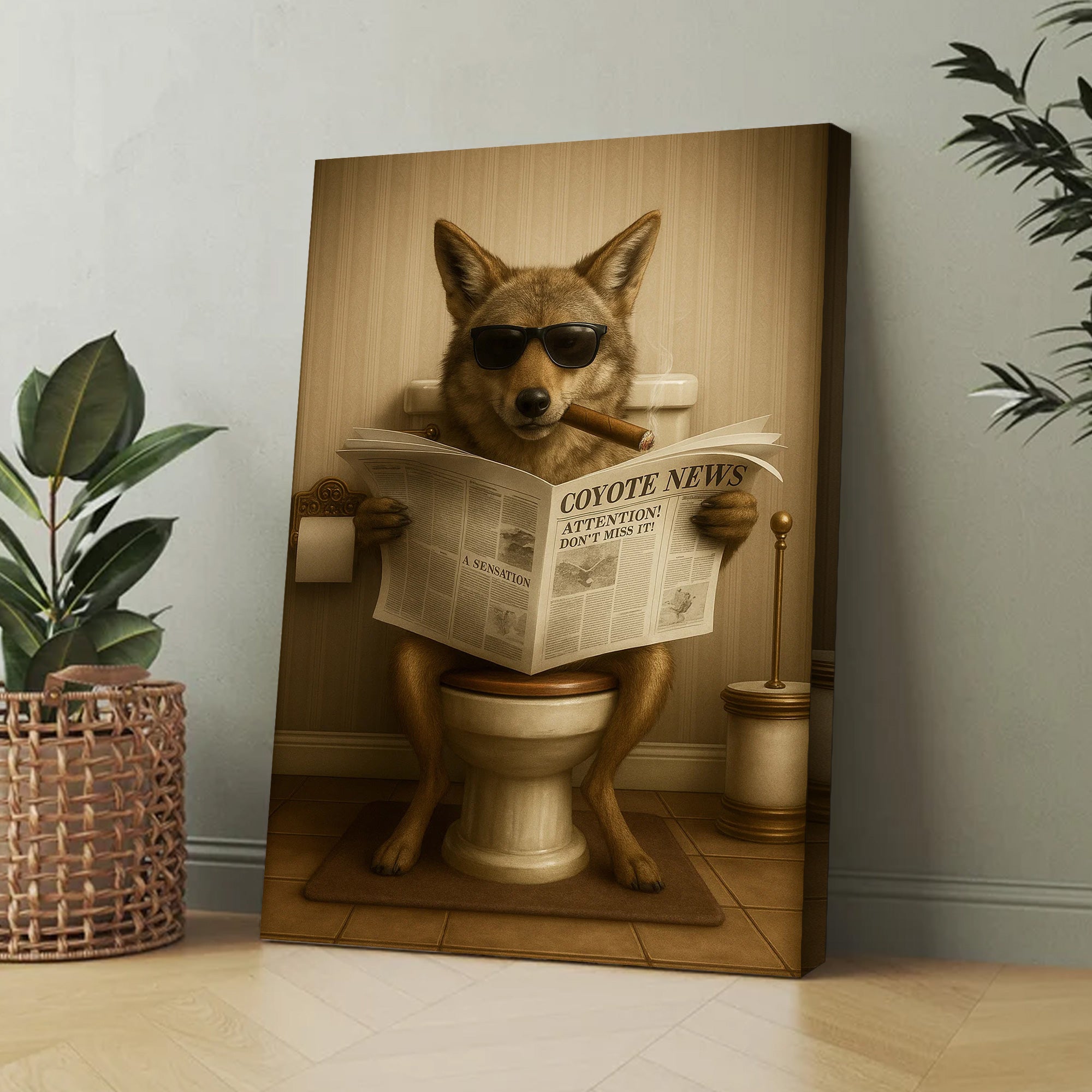 Smoking Coyote Wolf Canvas – Funny Wildlife Bathroom Art for Hunters & Cabin Decor