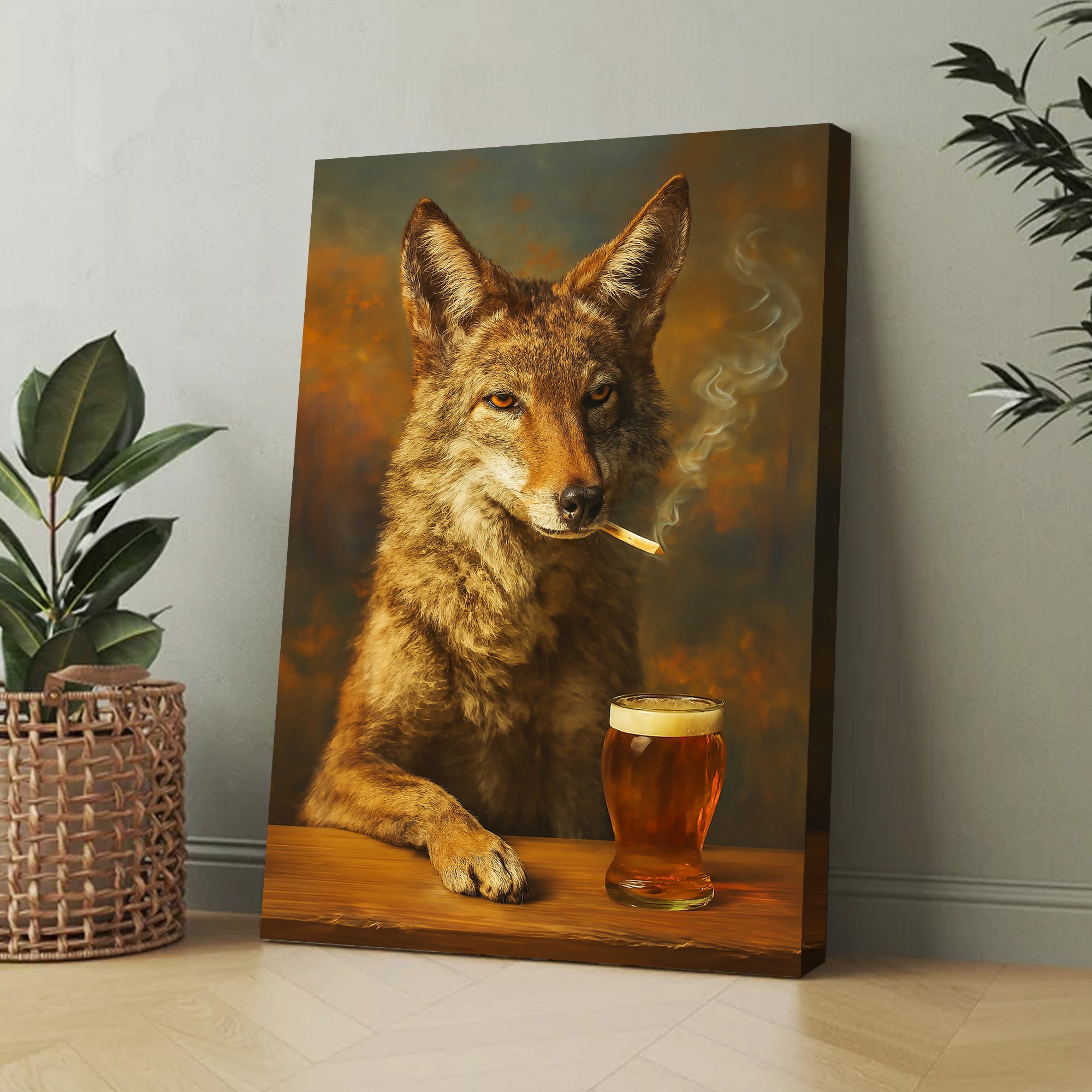 Smoking Wolf Coyote with Cocktail Glasses Canvas – Funny Hunting Wall Art for Man Caves - Hilarious Gift for Outdoorsmen