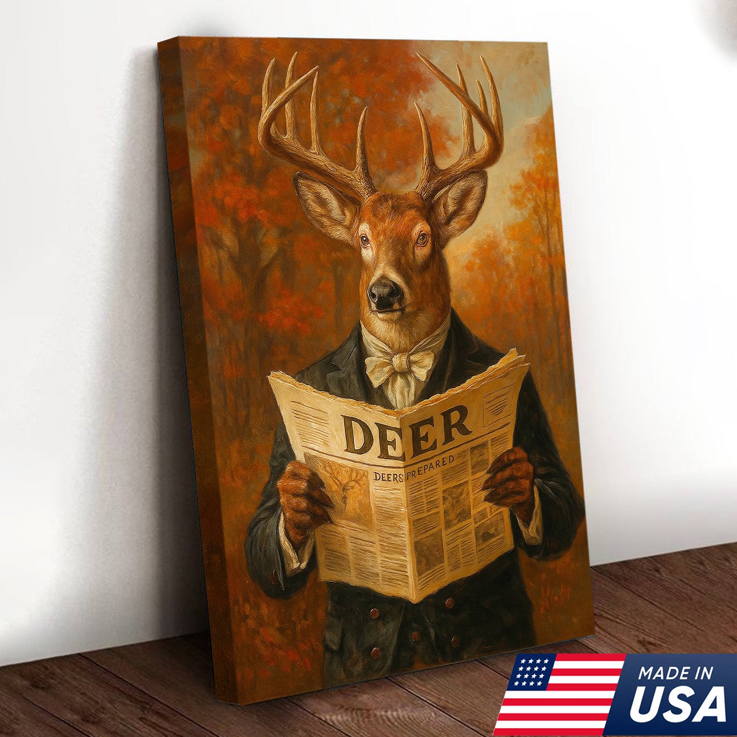 Funny Deer Reading Newspaper Canvas – Rustic Hunting Lodge Wall Art