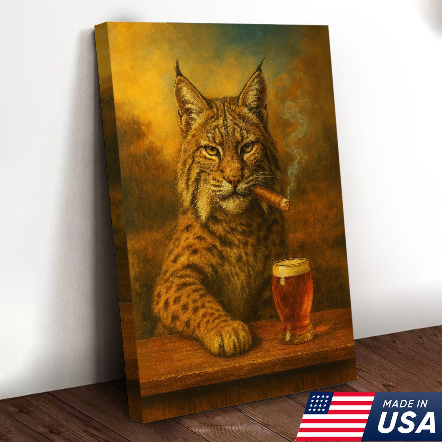 Funny Bobcat Smoking with Cocktail Glasses Canvas – Rustic Cabin & Hunting Lodge Wall Art
