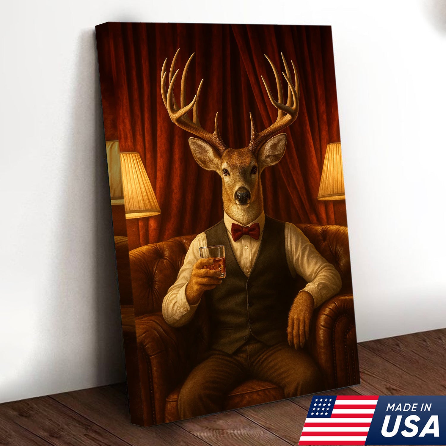 Gentleman Deer Canvas Wall Art – Rustic Hunting Lodge Whiskey Decor