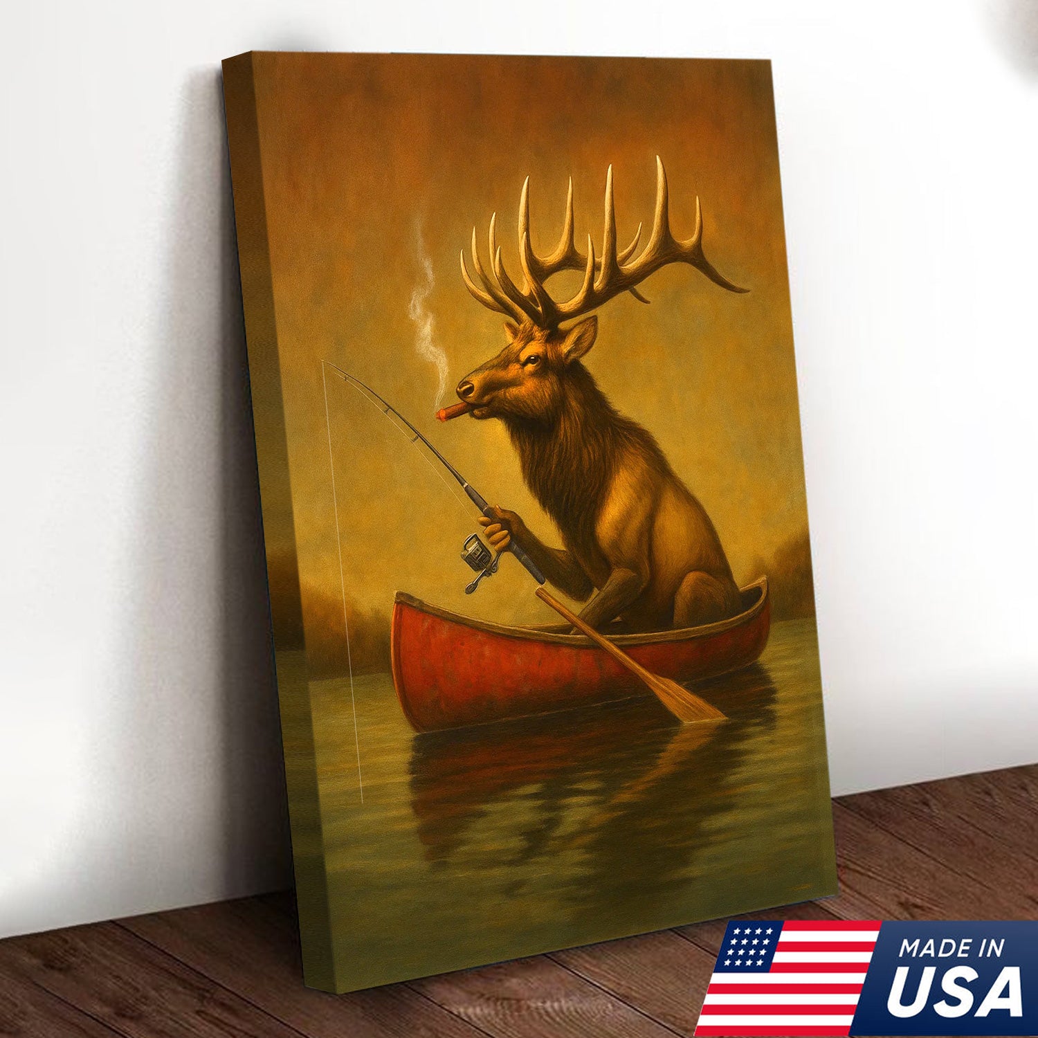 Funny Elk Fishing Canvas Wall Art – Rustic Cabin Decor for Hunters & Fishermen