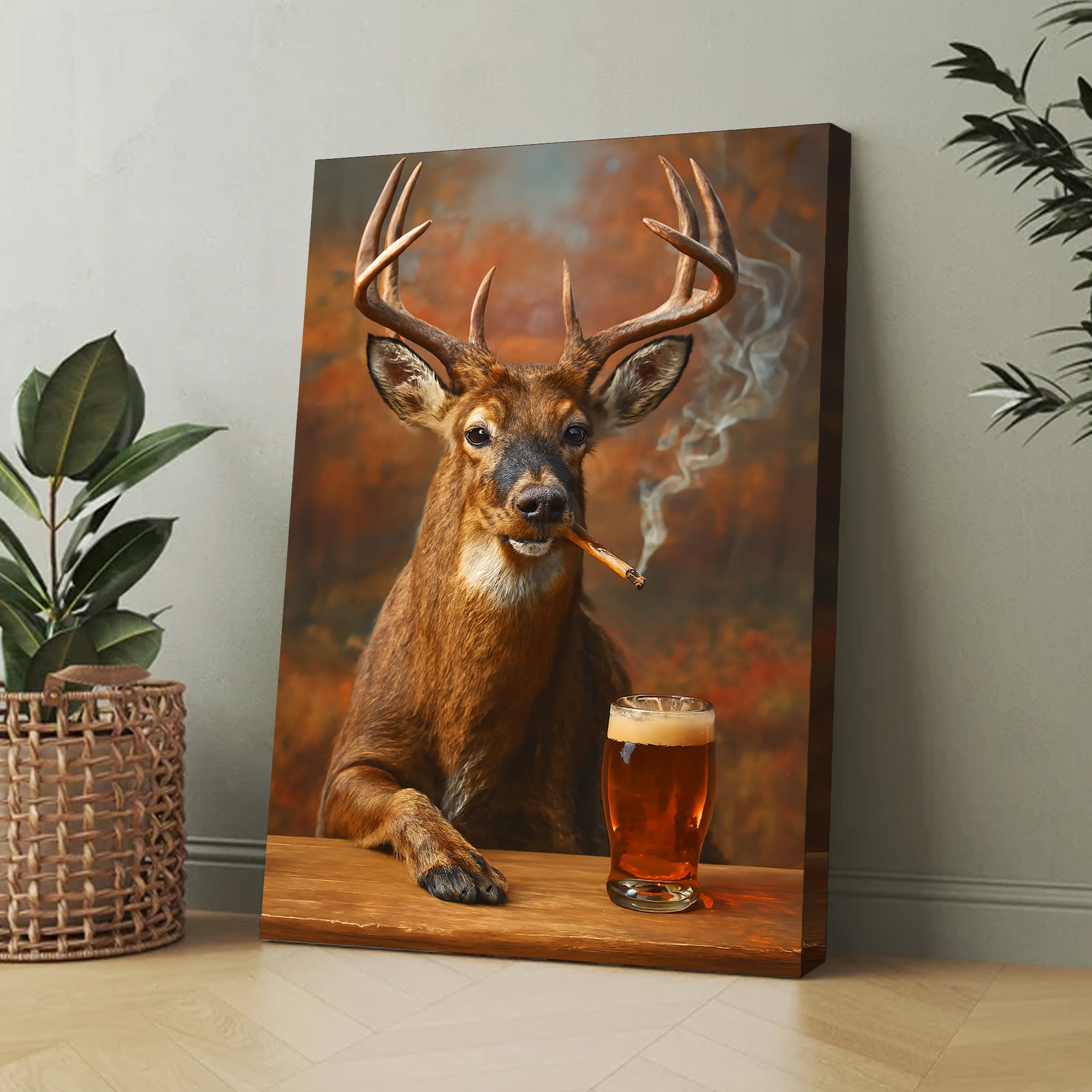 Smoking Deer with Cocktail Glasses Canvas – Funny Hunting Wall Art for Man Caves