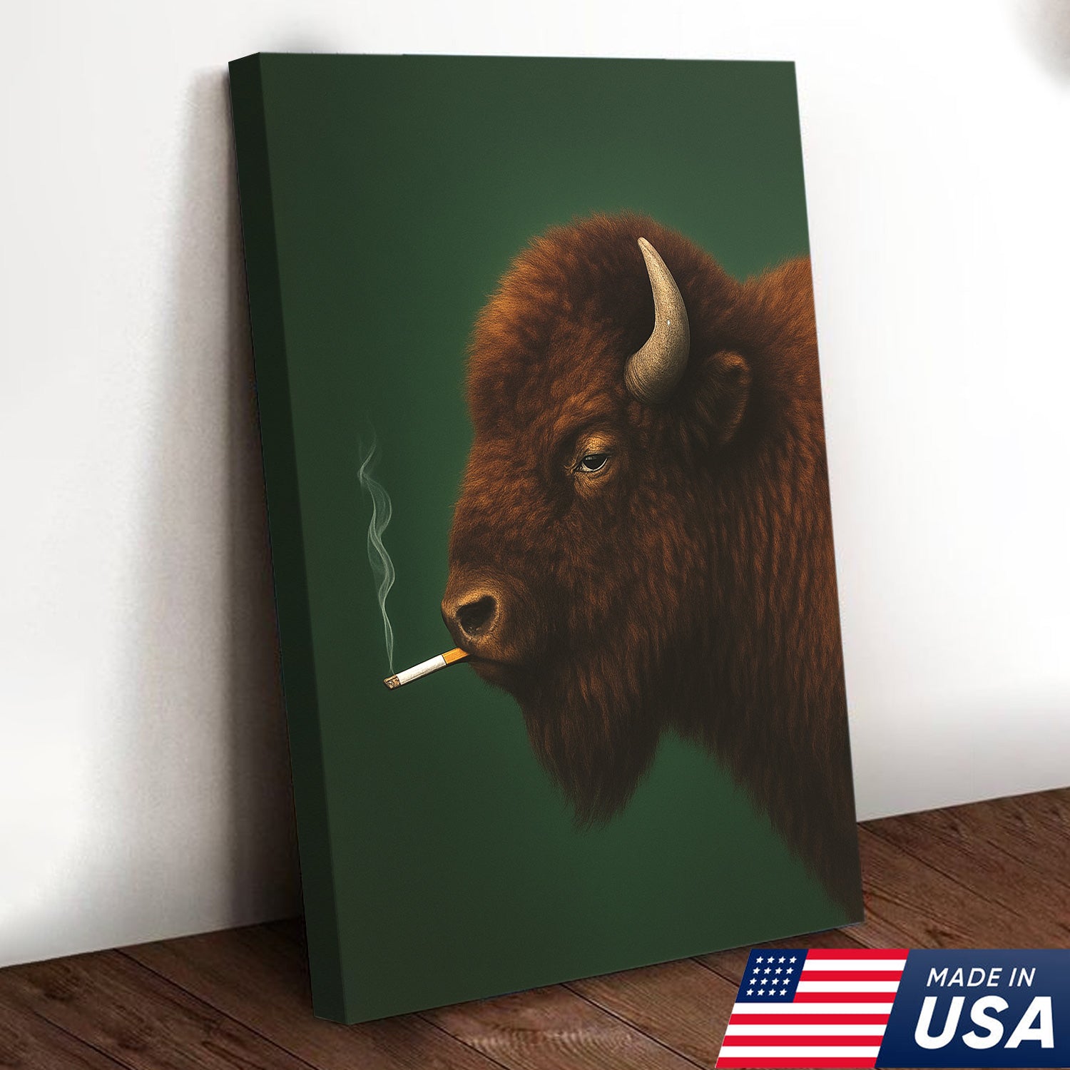 Bison Smoking Canvas Wall Art – Western Rustic Decor for Hunters & Cowboys