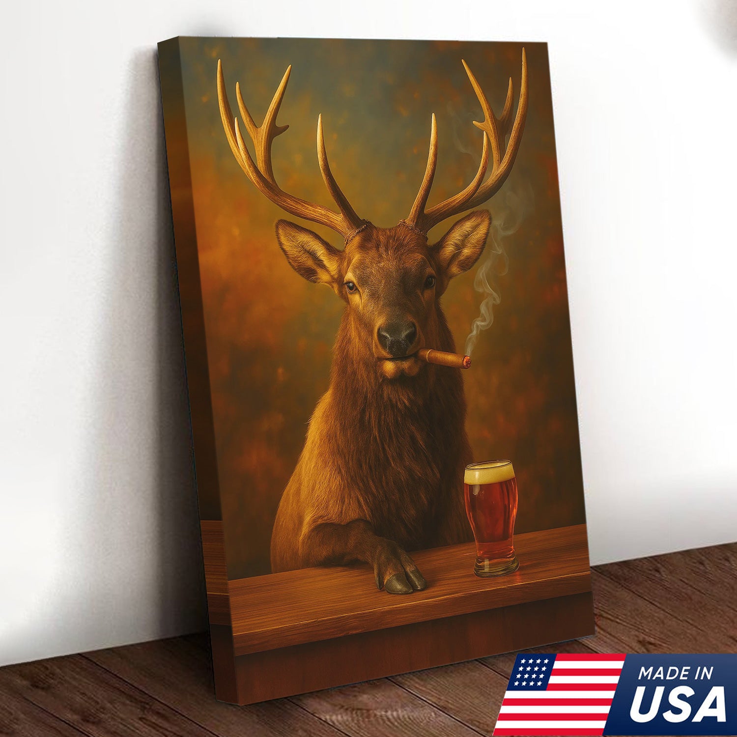 Funny Elk Drinking Cocktail Glasses & Smoking Canvas Wall Art - Rustic Hunting Perfect Gift for Hunters & Cocktail Glasses Lovers