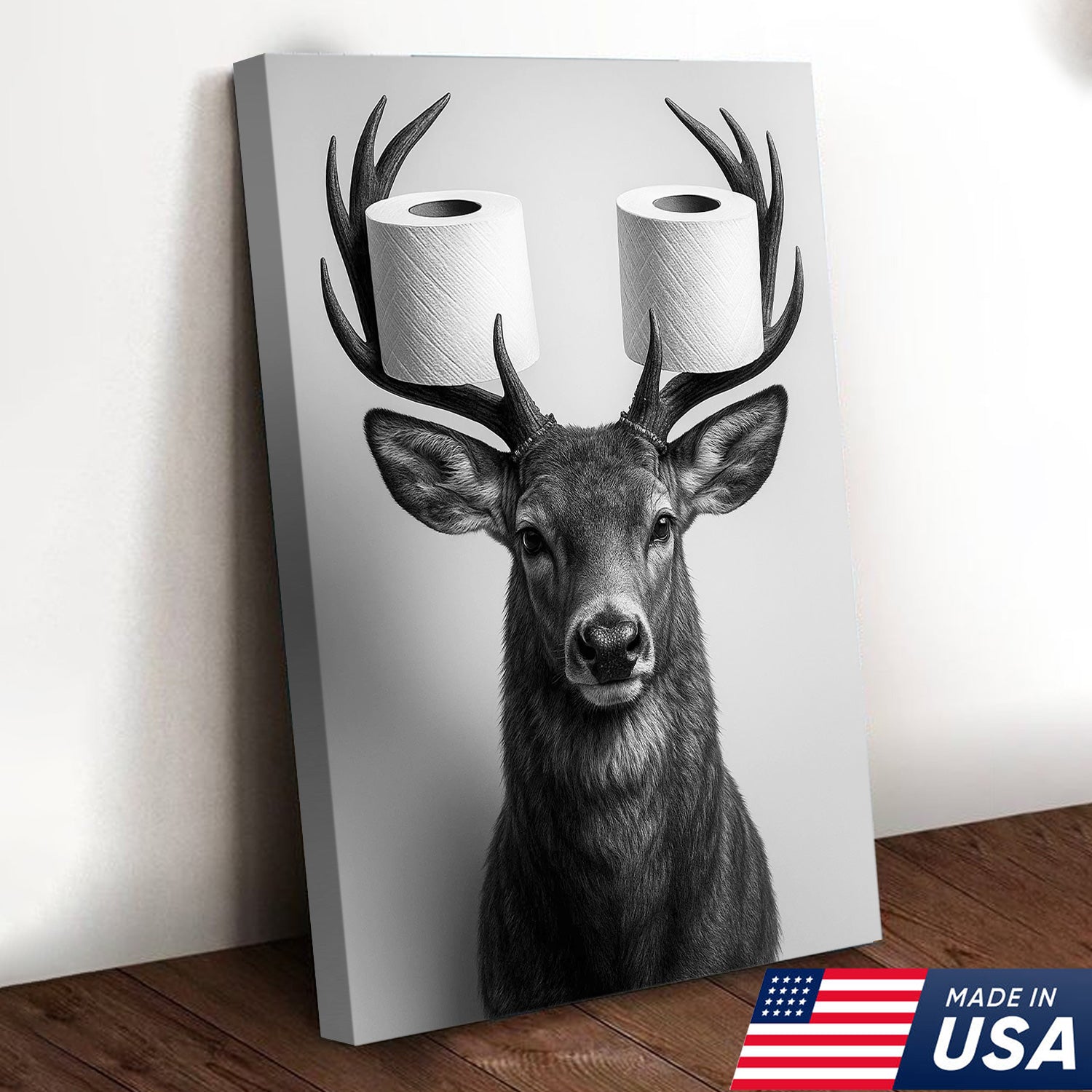 Deer Canvas Wall Art - Funny Animal Portrait with Toilet Paper on Antlers - Black and White Bathroom Decor Print