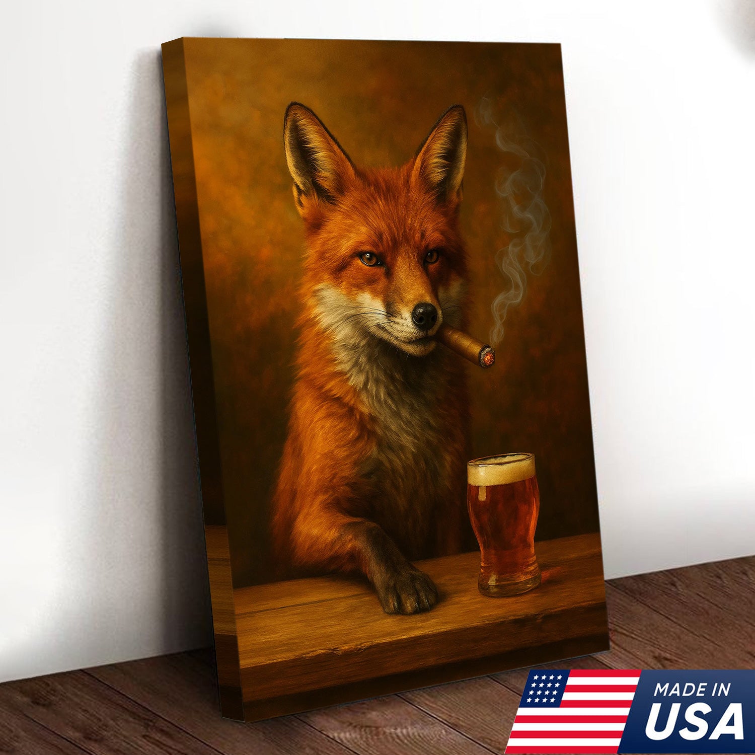 Funny Fox Smoking with Cocktail Glasses Canvas – Rustic Hunting Lodge Wall Art
