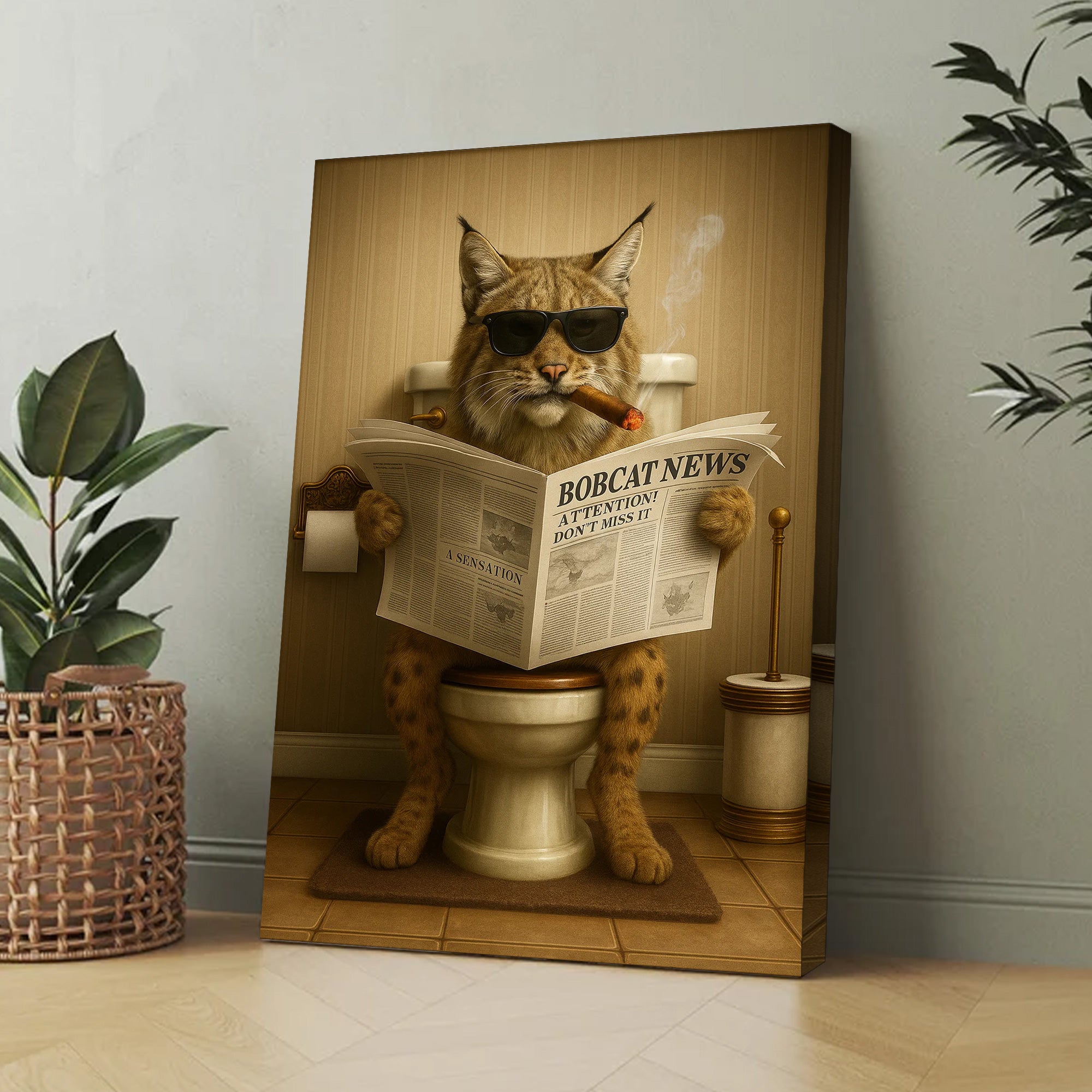 Funny Bobcat Bathroom Wall Art – Rustic Wildlife Decor for Men, Hunting Cabin Poster, Hilarious Gift for Dad