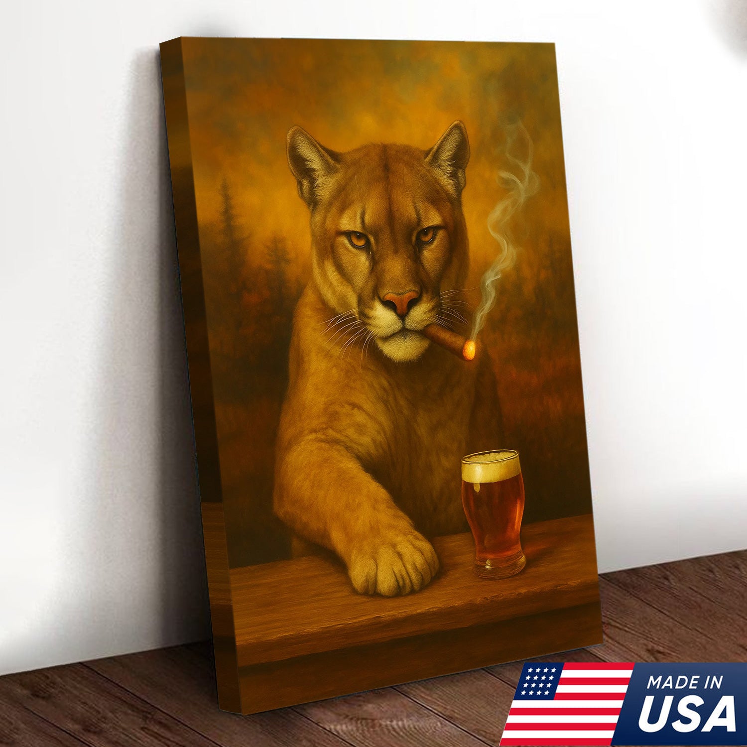 Funny Mountain Lion Smoking With Cocktail Glasses Canvas Wall Art – Rustic Bar Decor Perfect Gift for Hunters & Cocktail Glasses Lovers