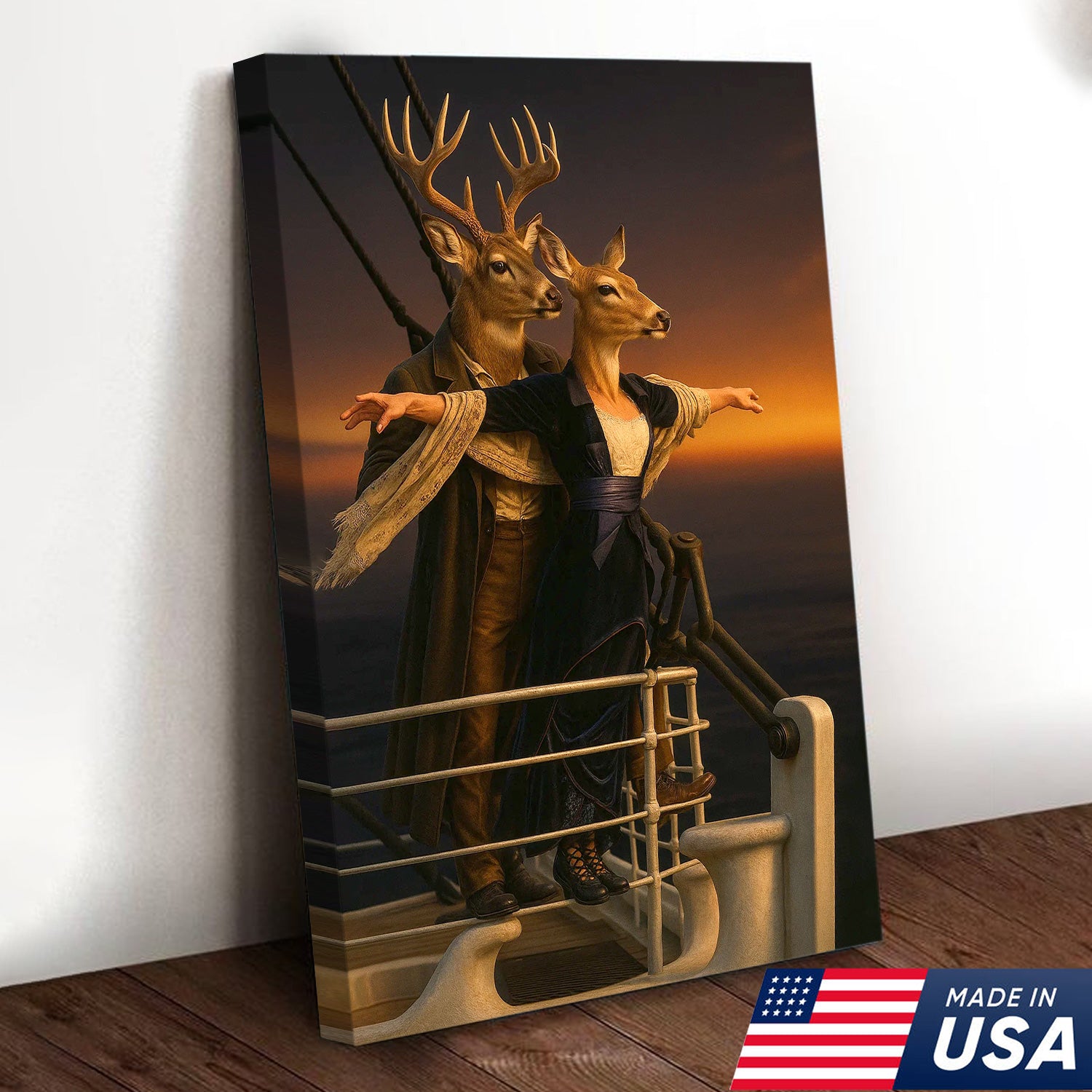 Romantic Deer Canvas Wall Art – Buck and Doe Cinematic Scene Sunset – Funny Whitetail Deer Couple Home Decor