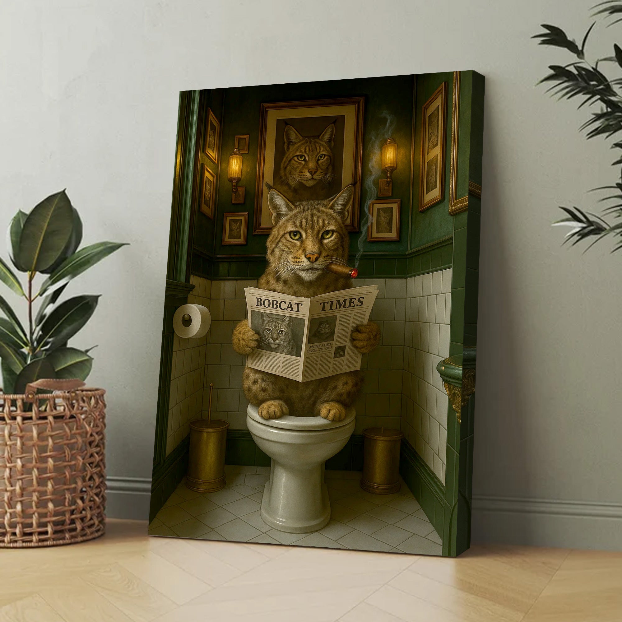 Funny Rustic Bobcat Wall Art Canvas – Smoking-Smoking Wild Cat Reading Newspaper - Rustic Lodge Wall Art, Gift for Hunters