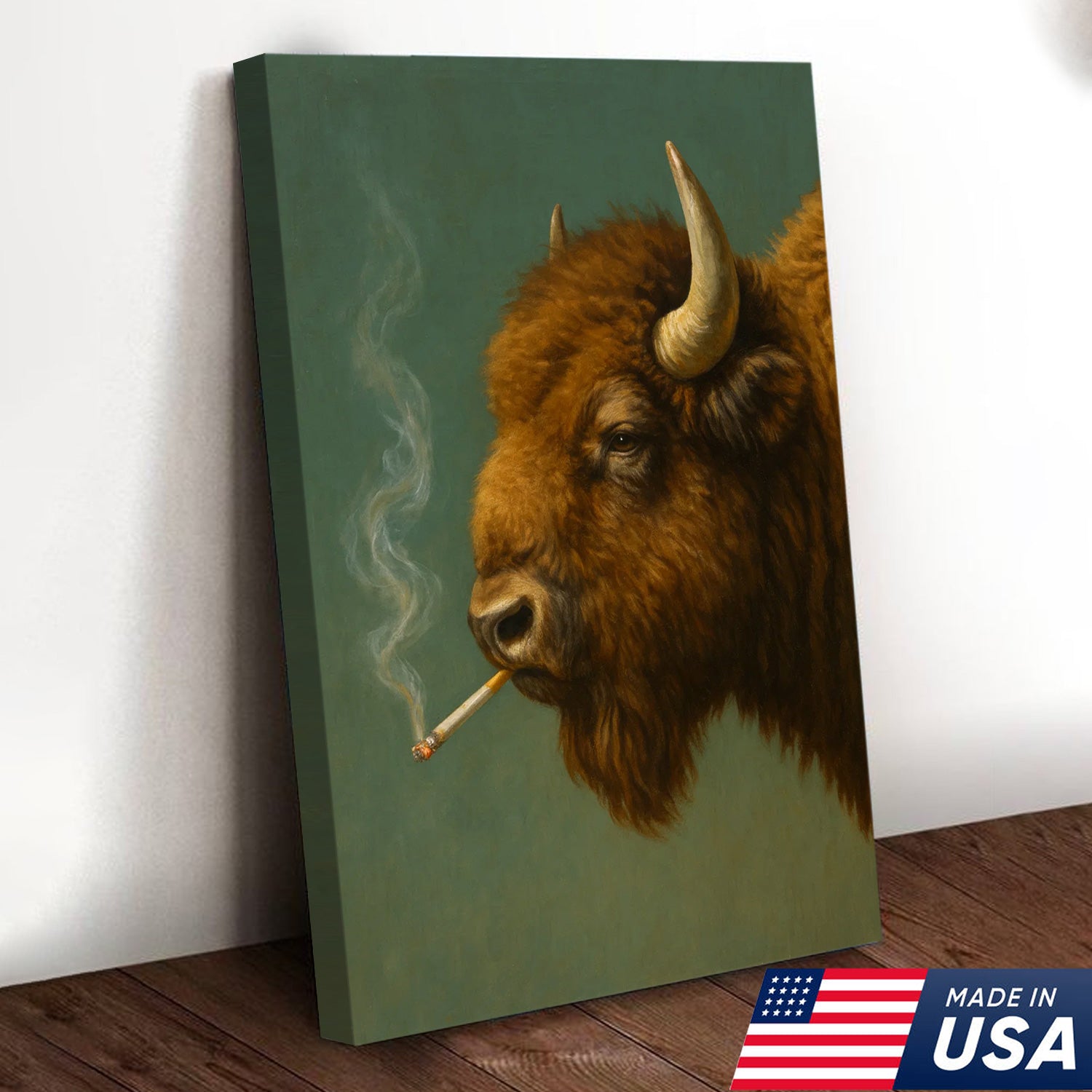 Buffalo Bison Smoking Canvas Wall Art – Rustic Western Cabin Decor for Hunters