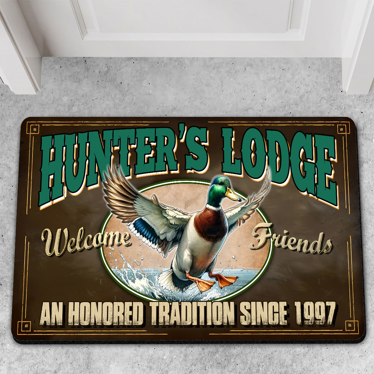 Personalized Mallard Duck Doormat – Funny Hunting Welcome Mat with Custom Year, Rustic Cabin & Lodge Decor