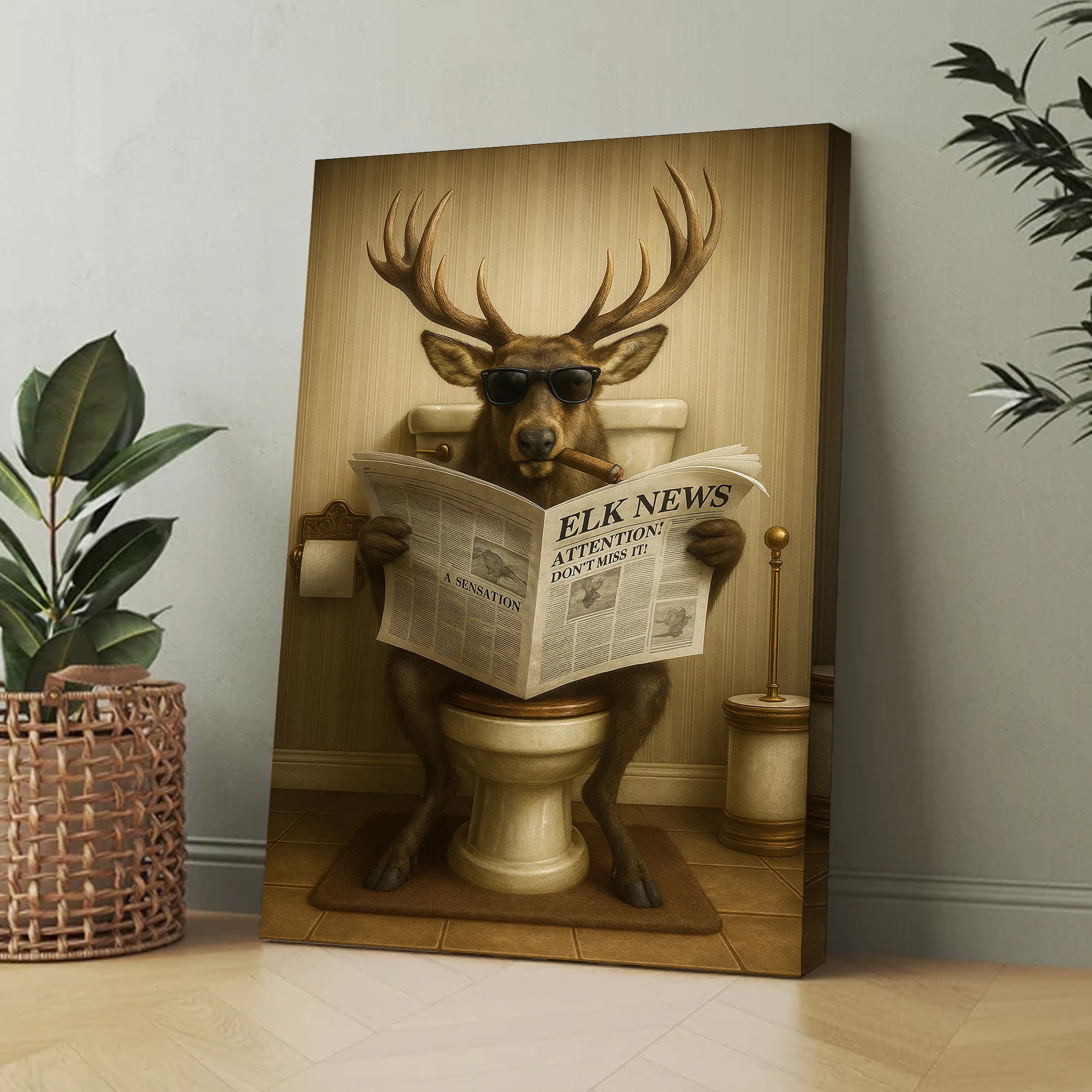 Funny Elk Bathroom Wall Art – Hunting Lodge Decor for Men - Wildlife Animal Poster - Unique Dad Gift for Hunters & Outdoorsmen