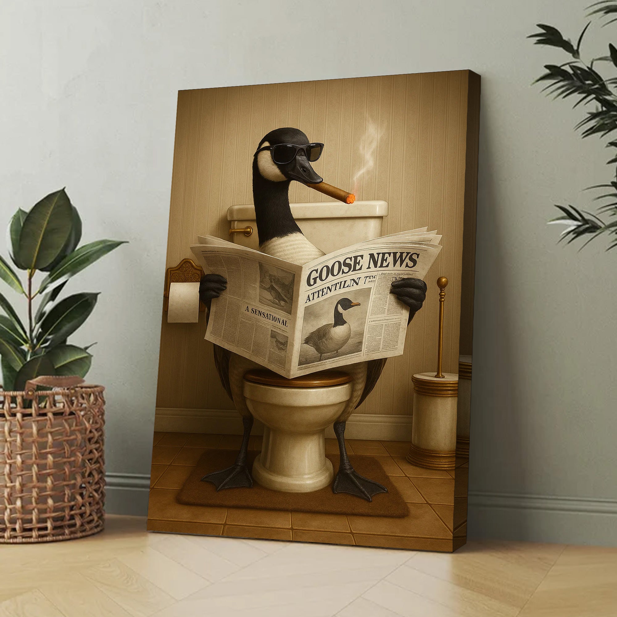 Funny Goose Read Newspaper Bathroom Canvas Wall Art – Hunting Wildlife Animal Poster - Unique Gift for Dad, Hunters