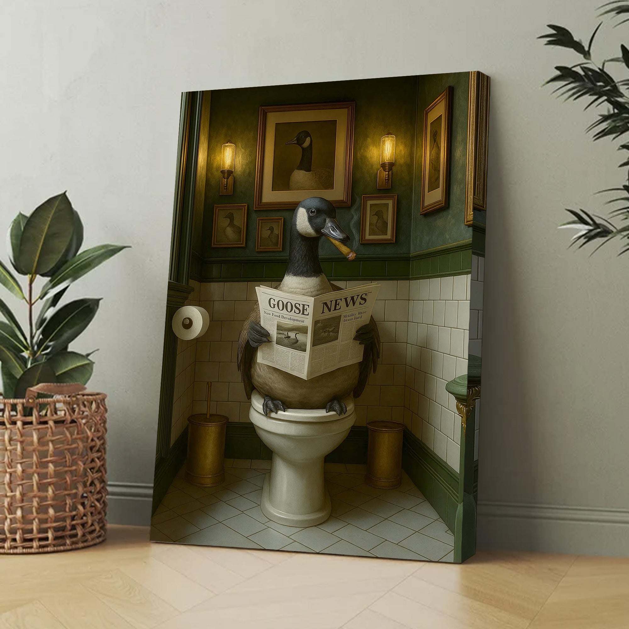 Funny Canada Goose Bathroom Poster – Rustic Cabin Wall Art, Goose Reading Newspaper on Toilet - Canvas Gift for Hunters