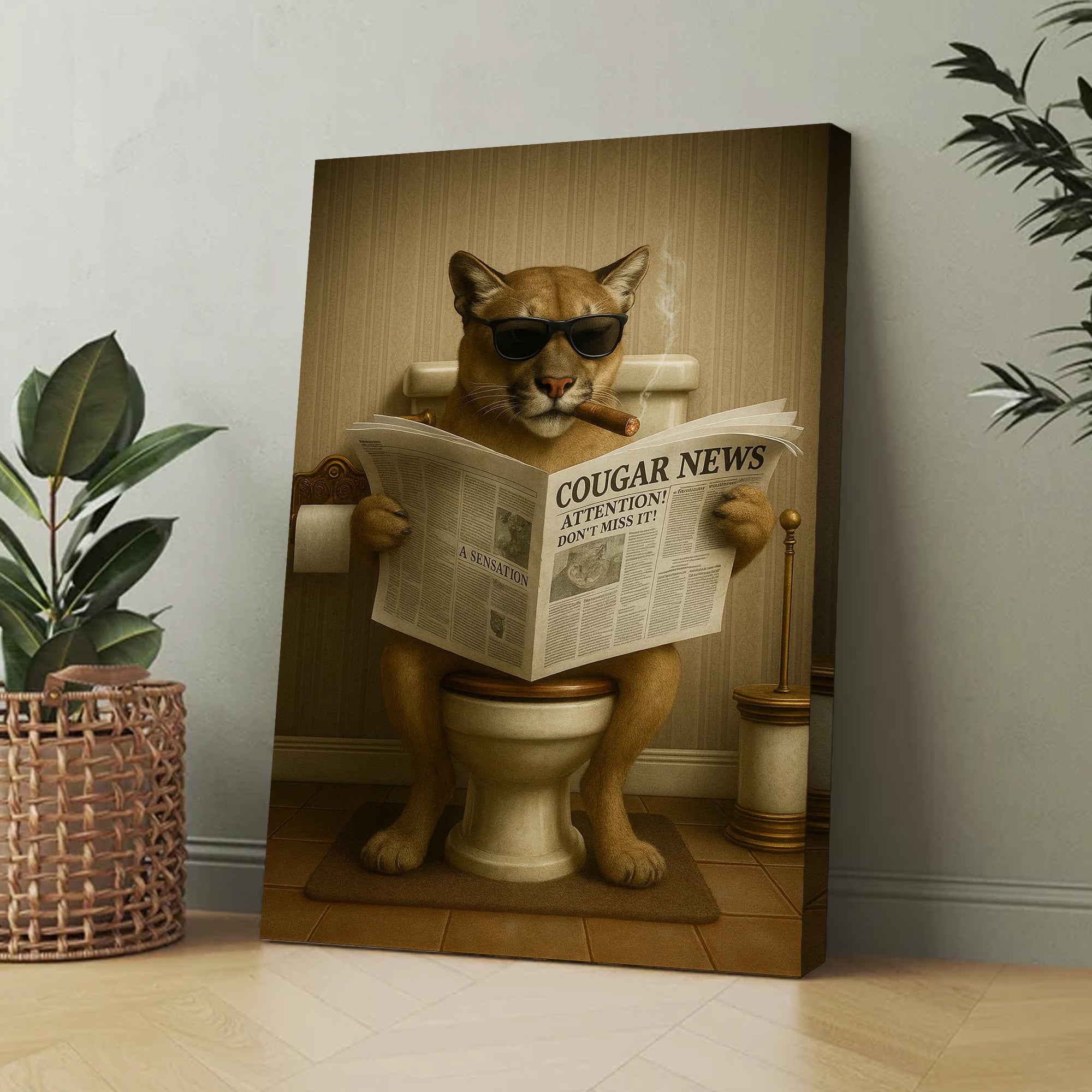 Funny Cougar Bathroom Canvas – Mountain Lion on Toilet Reading Newspaper - Rustic Cabin Decor, Gift for Outdoorsmen