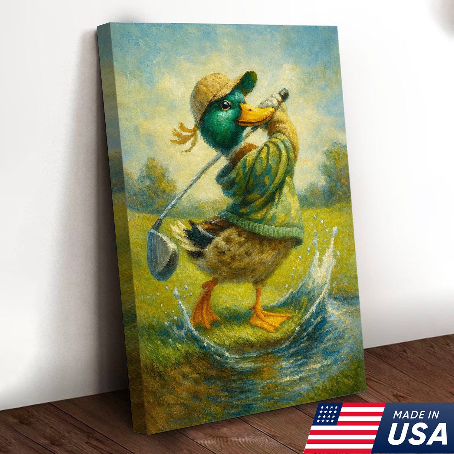 Funny Duck Playing Golf Canvas Wall Art – Rustic Sports Lodge Decor, Man Cave & Golfer Gift